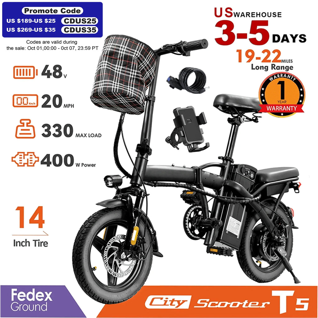 14inch Road Tires Cheap Bicimoto Electrica with Basket 48V 400W Folding Ebike Carbon Steel Lightweight  Foldable Adult Brushless