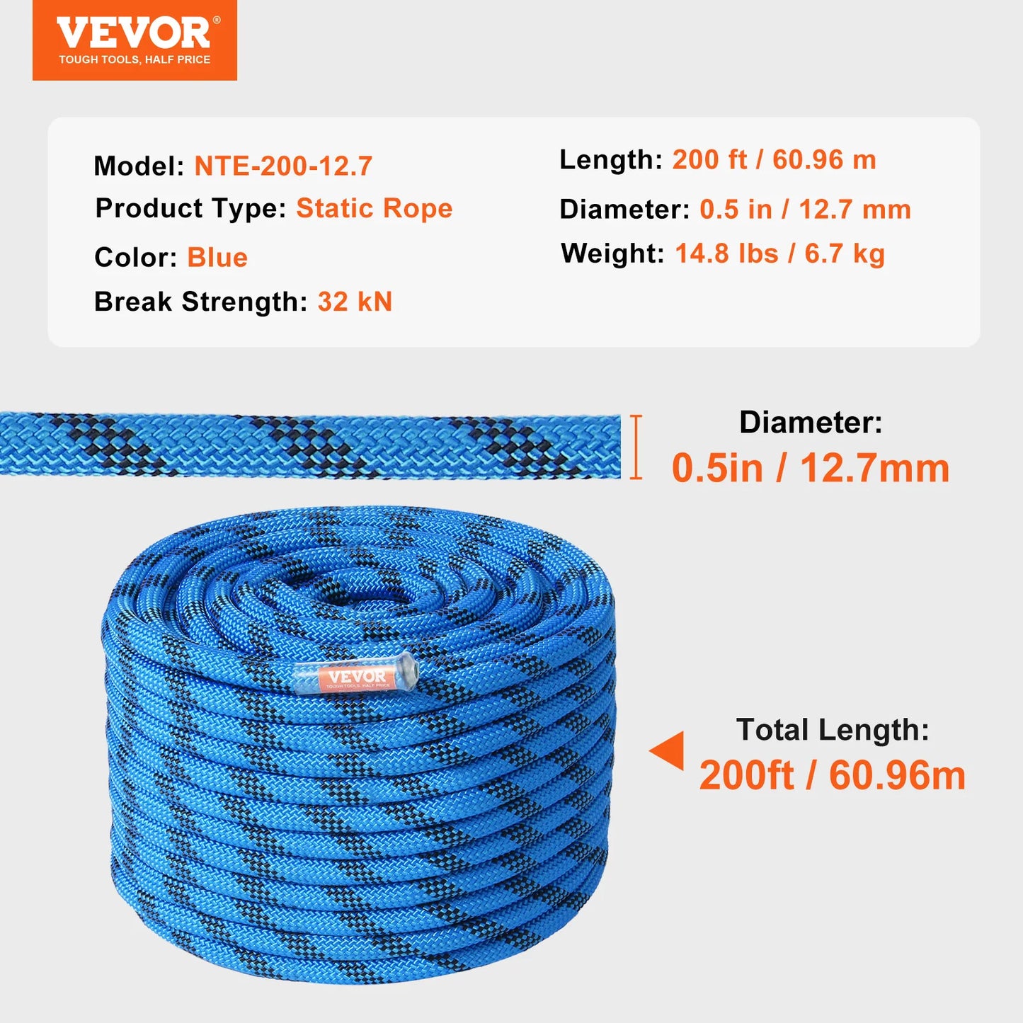 12.7mm Static Climbing Rope 125/150/200ft Outdoor Rock Climbing Rope 30KN Breaking Tension Fiber Rope w/ Steel Snap Hooks