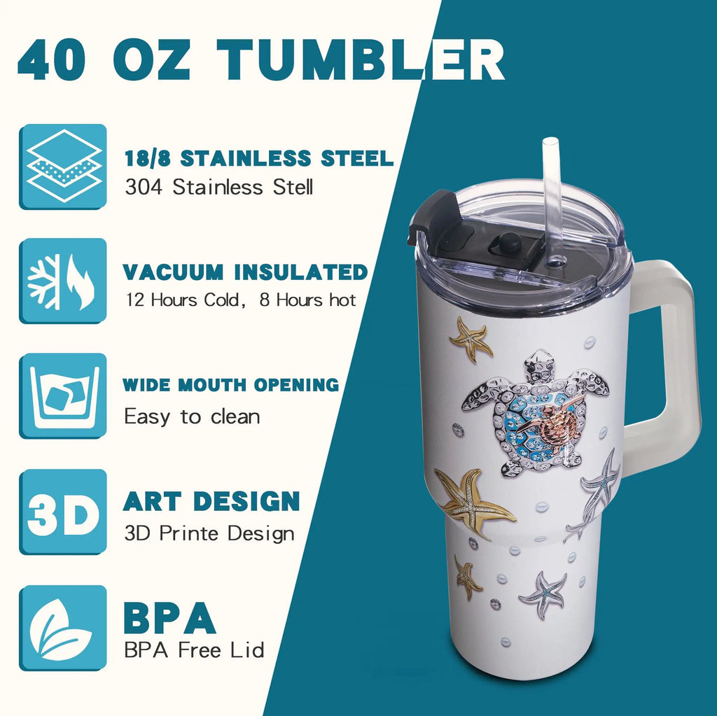 40oz Sea Turtle Stainless Steel Tumbler – Vacuum Insulated Travel Mug with 3D Ocean Print, Lid, Handle, Gift for Women