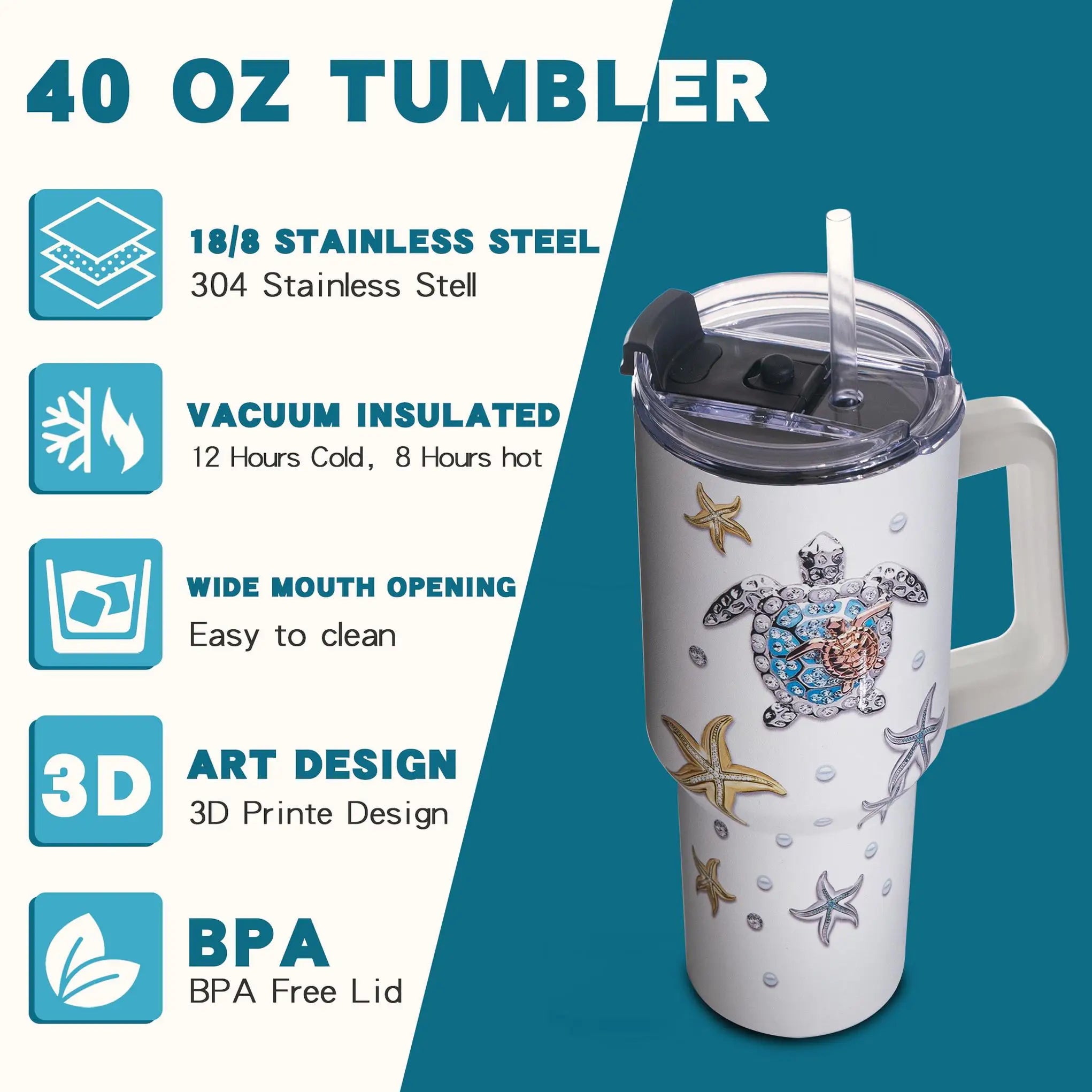 40oz Sea Turtle Stainless Steel Tumbler – Vacuum Insulated Travel Mug with 3D Ocean Print, Lid, Handle, Gift for Women