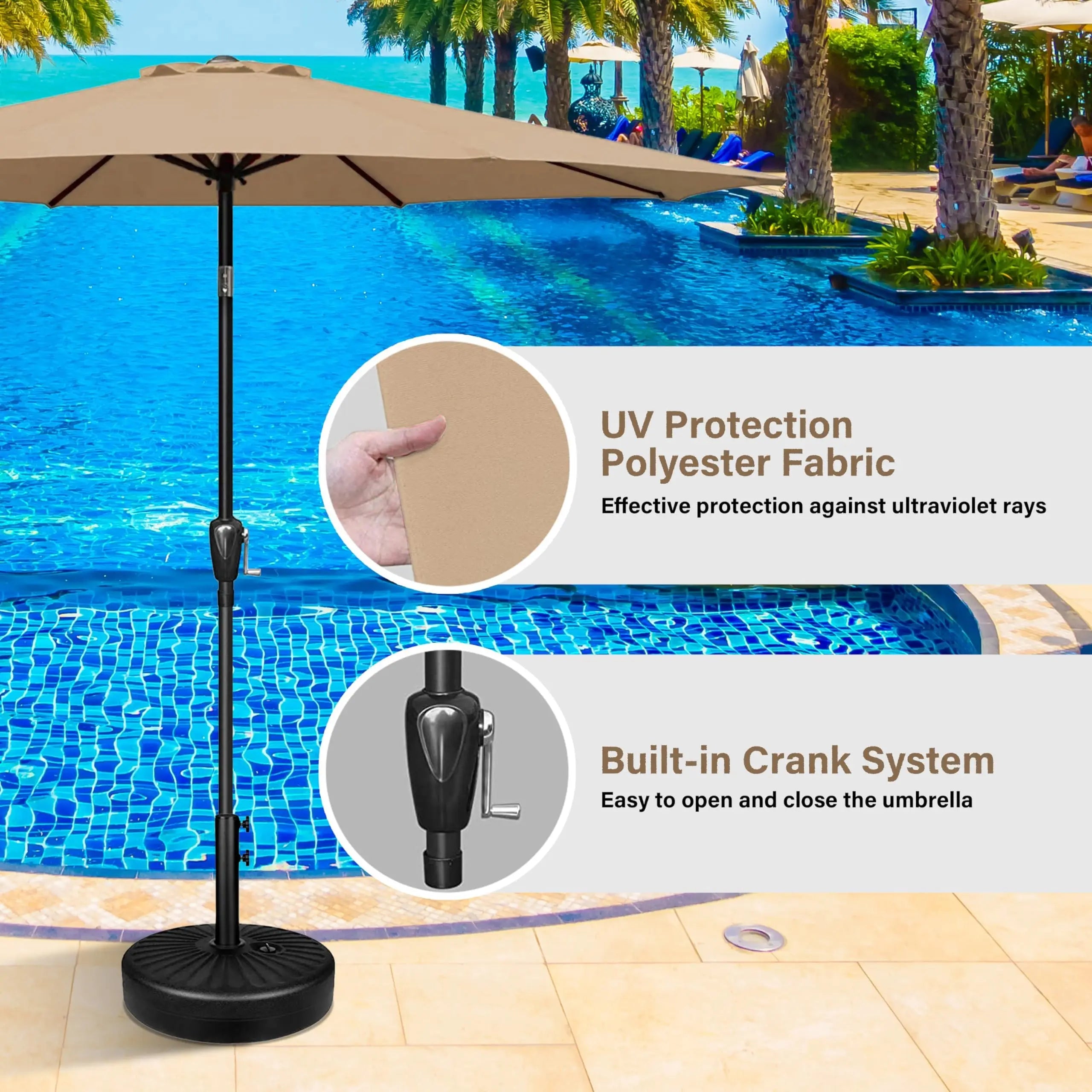 9' Outdoor Patio Umbrella, Market Table Umbrella with 8 Sturdy Ribs, Push Button Tilt and Crank for Garden, Yard, Pool