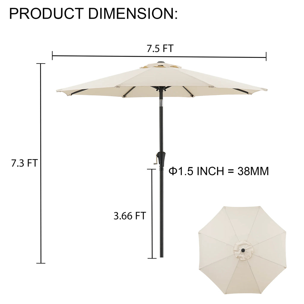 7.5' Patio Umbrella Outdoor Table Market Umbrella with Push Button Tilt/Crank, 6 Ribs