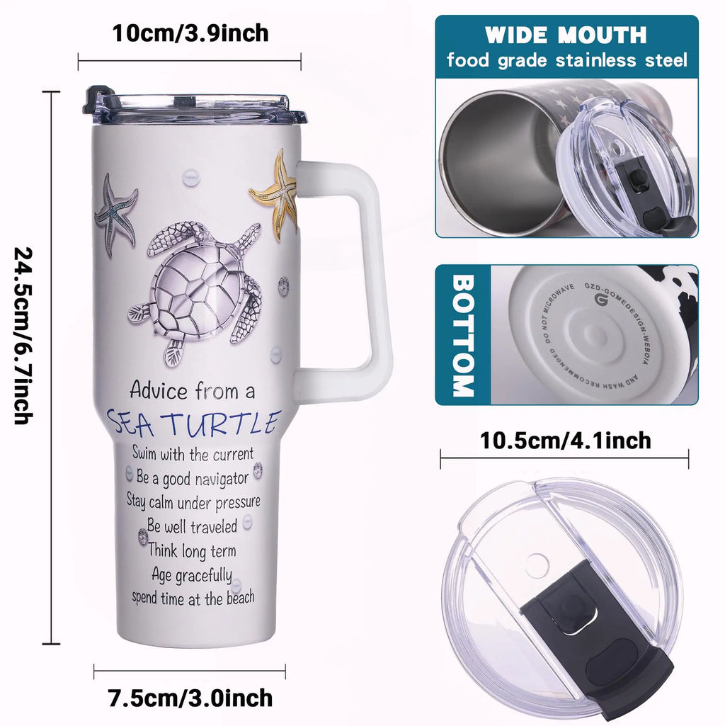 40oz Sea Turtle Stainless Steel Tumbler – Vacuum Insulated Travel Mug with 3D Ocean Print, Lid, Handle, Gift for Women