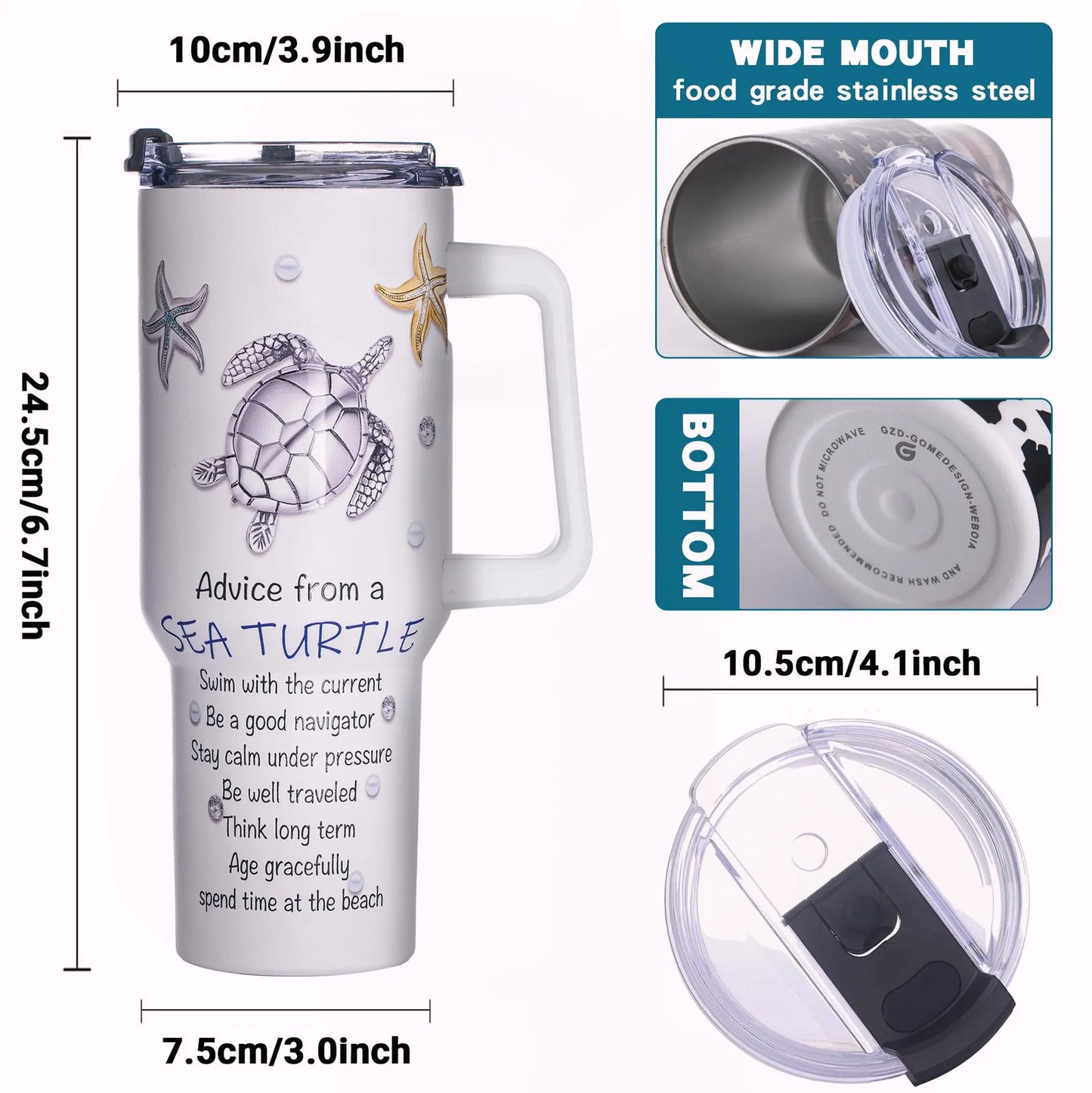 40oz Sea Turtle Stainless Steel Tumbler – Vacuum Insulated Travel Mug with 3D Ocean Print, Lid, Handle, Gift for Women