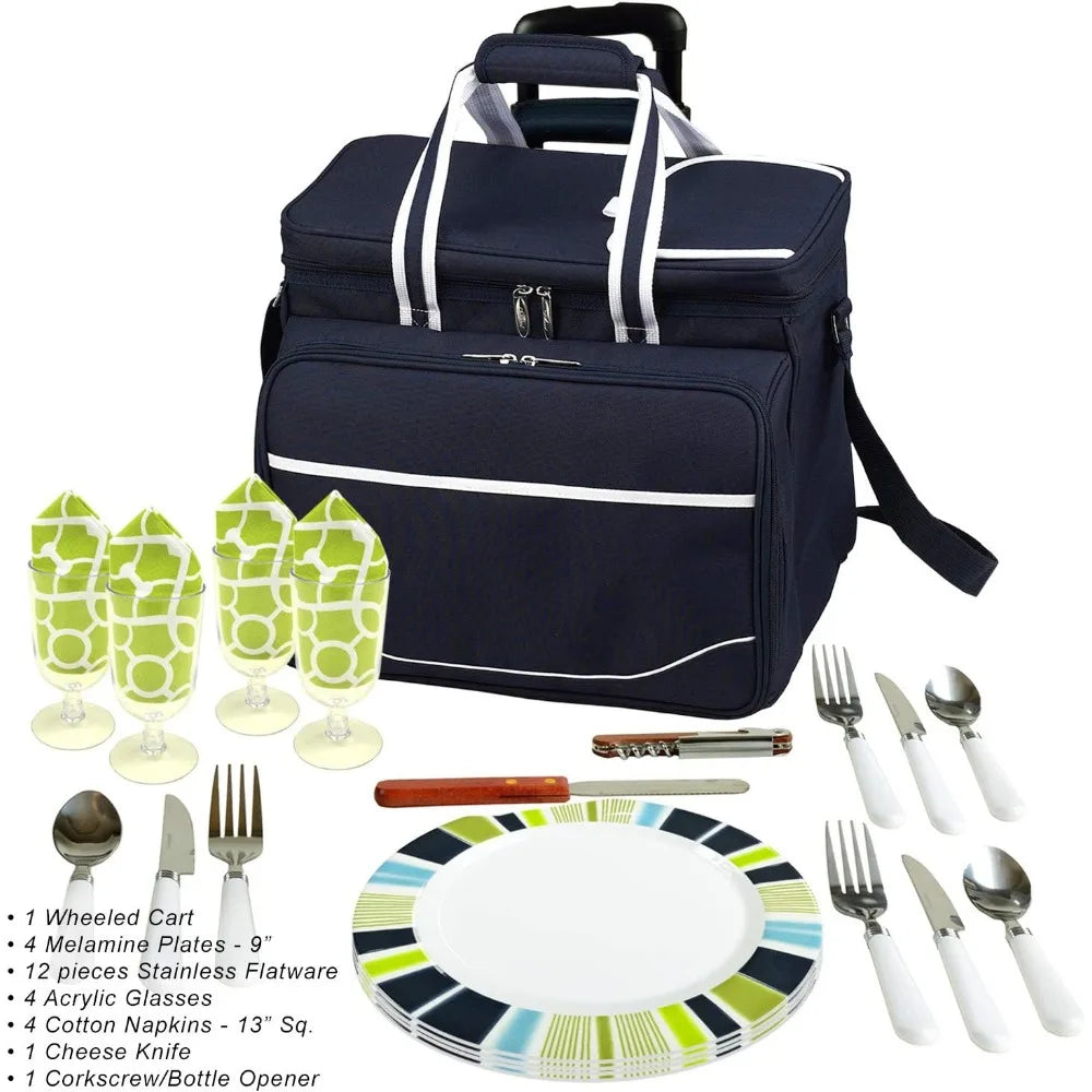 Original Insulated Picnic Cooler with Service for 4 on Wheels-Designed & Assembled in USA