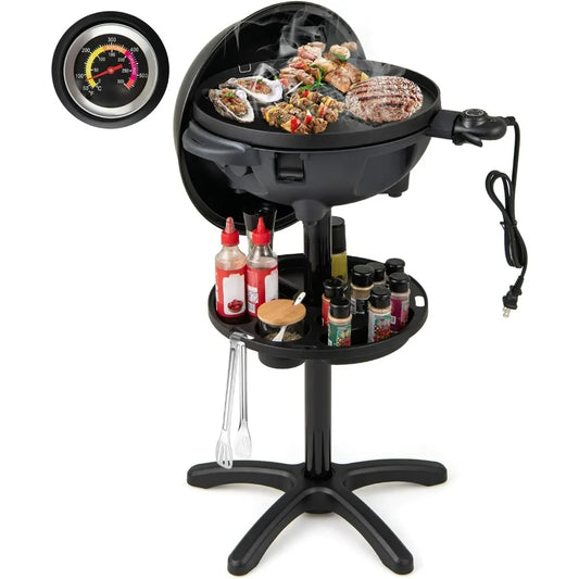 Electric Grill Outdoor, 1200W Electric BBQ Grills Outdoor Cooking With Lid & Thermometer, Nonstick Griddle, Drip Tray, 2
