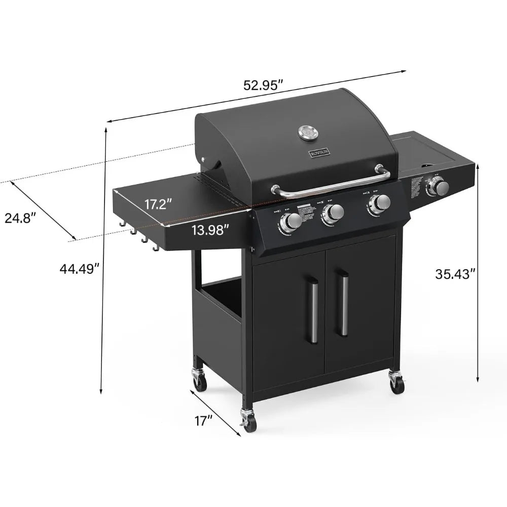 3-Burner Propane Gas BBQ Grill with Side Burner & Enameled Cast Iron Grates, 46,000 BTU Barbecue Grill with Wheels for Outdoor