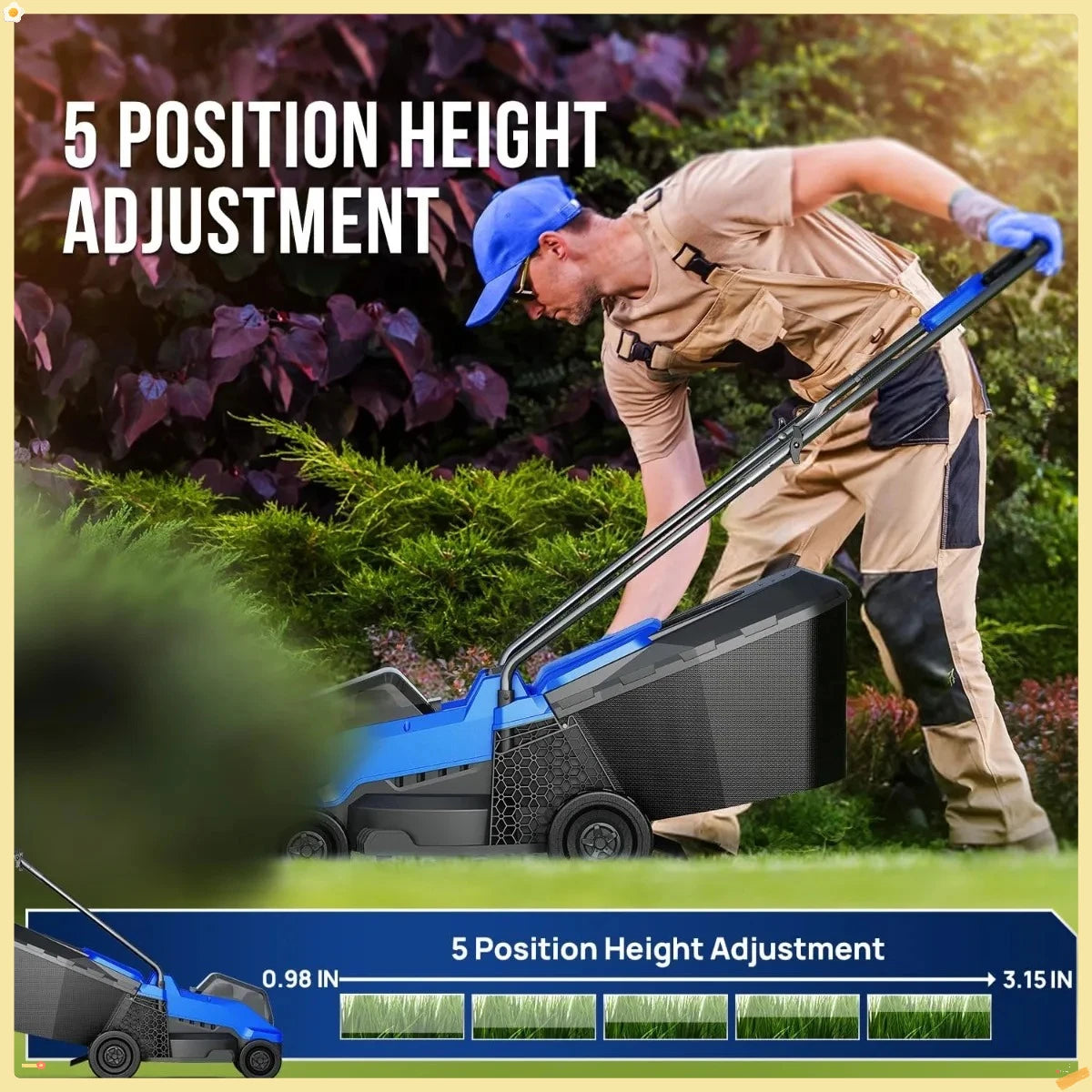 Electric Lawn Mower 40V Brushless 14" Cordless&Push, 5 Cutting Height Adjustment, 4Ah Battery and Super Charger, Blue