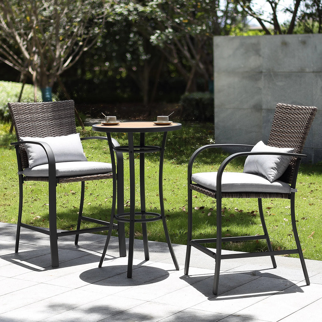 3pcs Patio Bar Set with Soft Cushion, Rattan Wicker Outdoor Furniture Set for Backyards, Lawn, Deck, Poolside