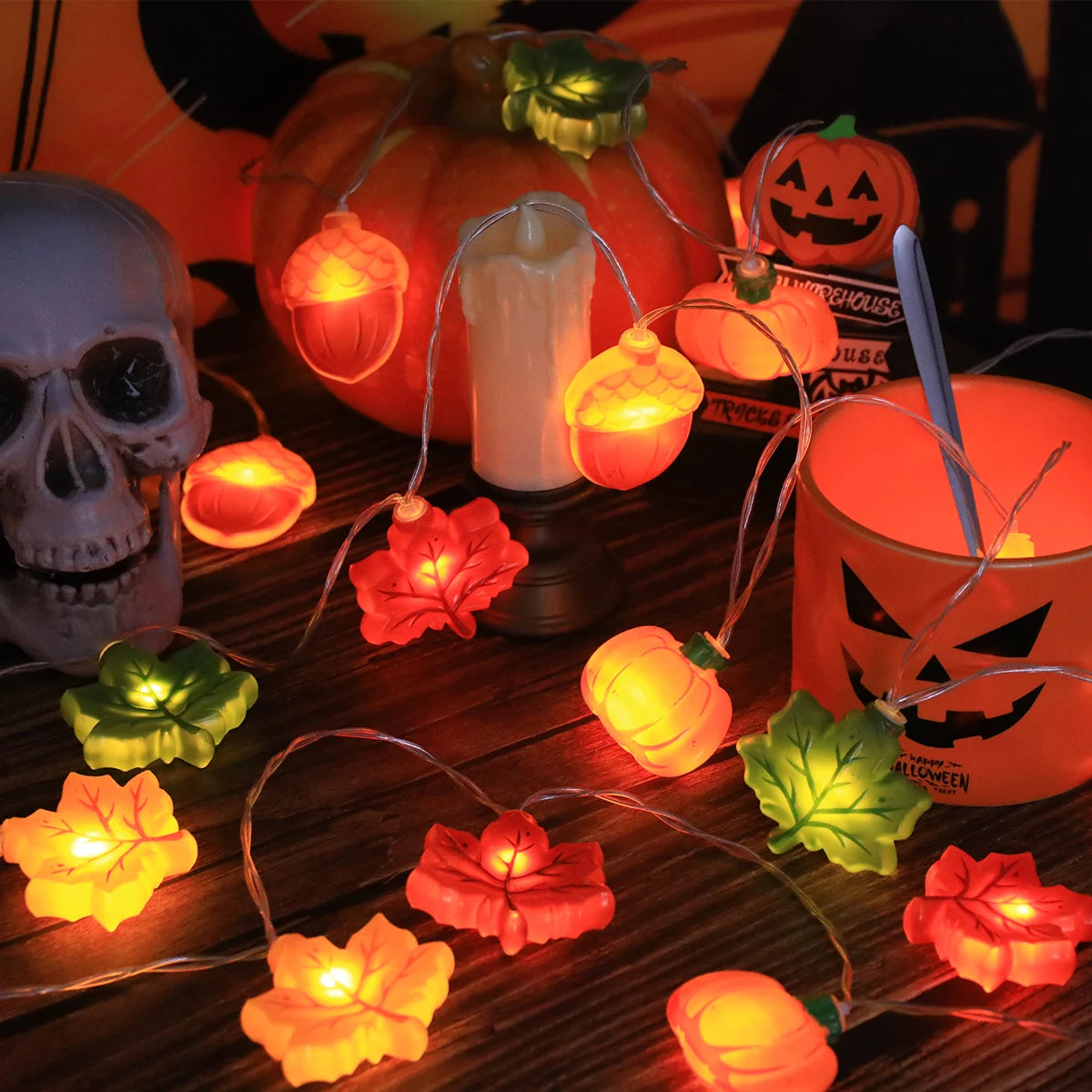LED Pumpkin Maple Leaf Acorn String Lights，Fall Harvest Decor for Halloween Thanksgiving Christmas, Party Garden Fireplace