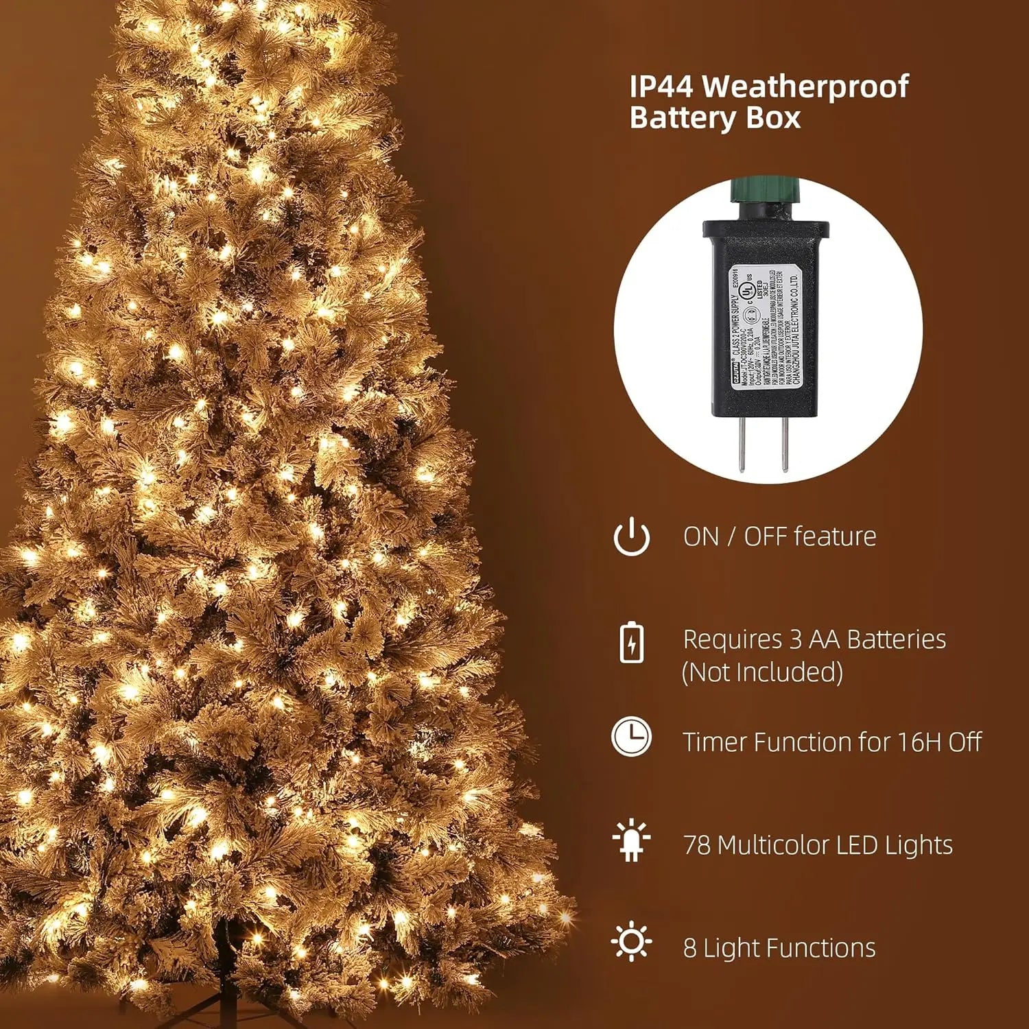 6/7.5 FT Christmas Tree with 200/300 Multicolor Led Lights, Prelit Snow Flocked Christmas Tree with Foldable Metal Base, 8 Light