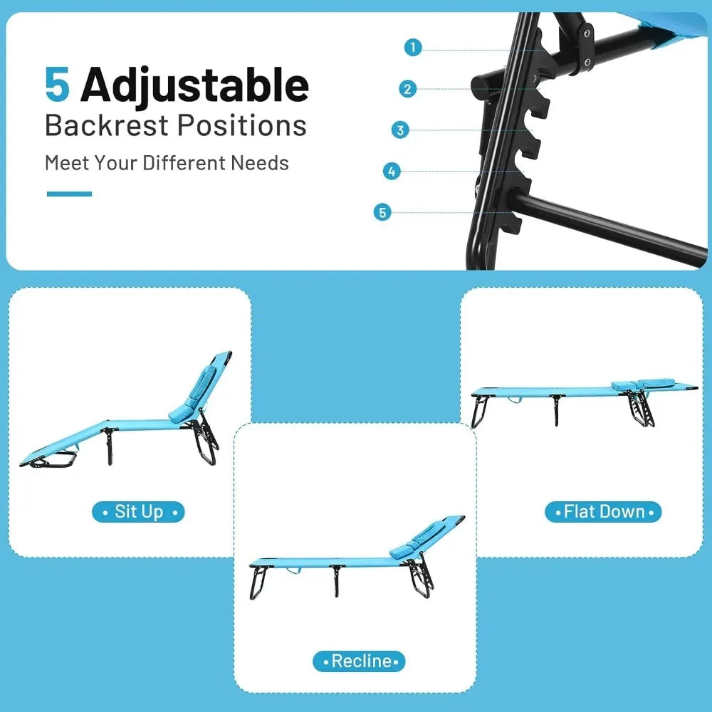 Outdoor Chaise Lounge Chair - Folding Beach Chair with 5 Adjustable Positions, Hole, Detachable Pillow, Hand Ropes