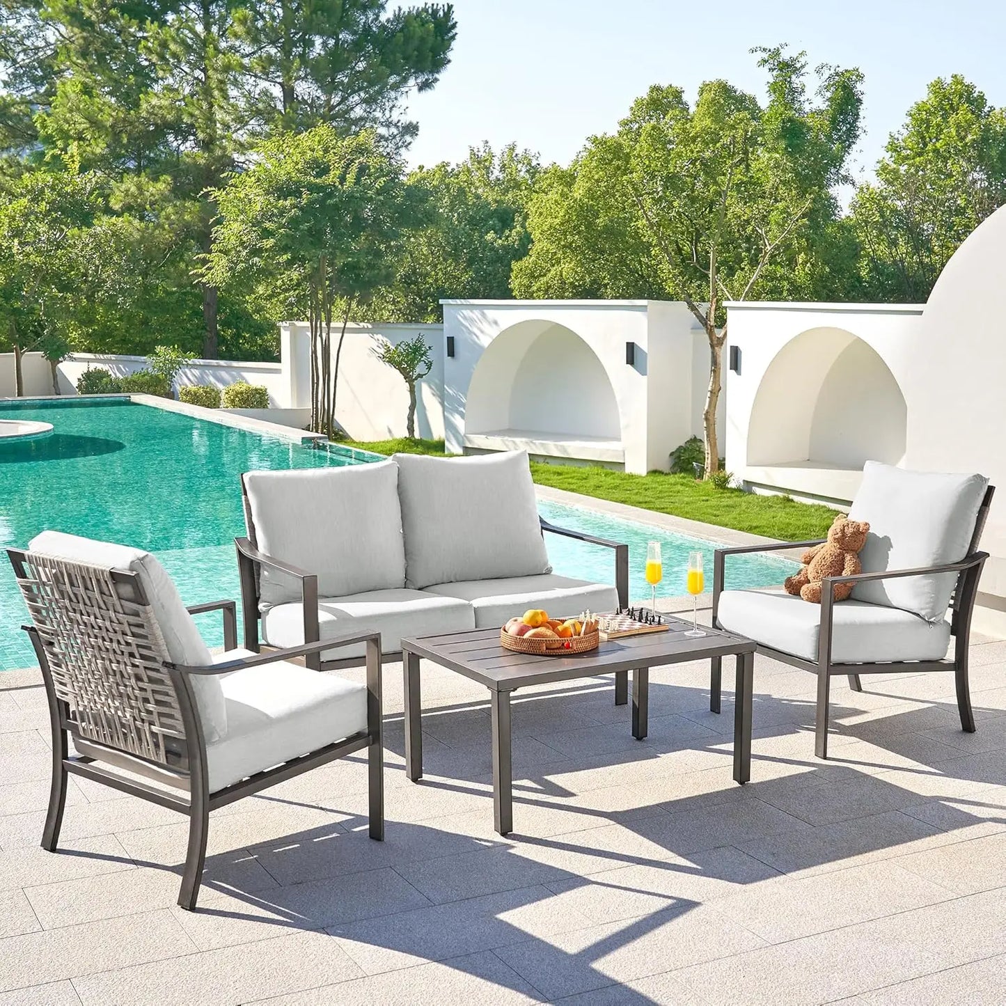 Patio Furniture 4 Piece Set,Outdoor Conversation Set Metal Patio Sectional Sofa With High Back Hand-Woven Rope, Customized