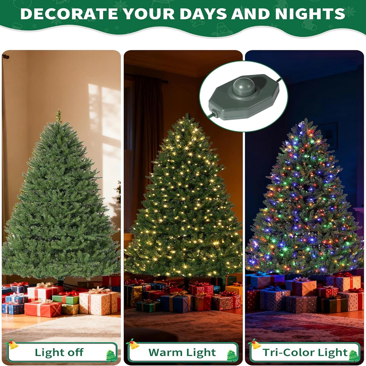 9FT Pre-Lit Artificial Christmas Tree, Fraser Fir, 4 Colors Led, 3380 Branch Tips, Xmas Tree for Home Office Decor