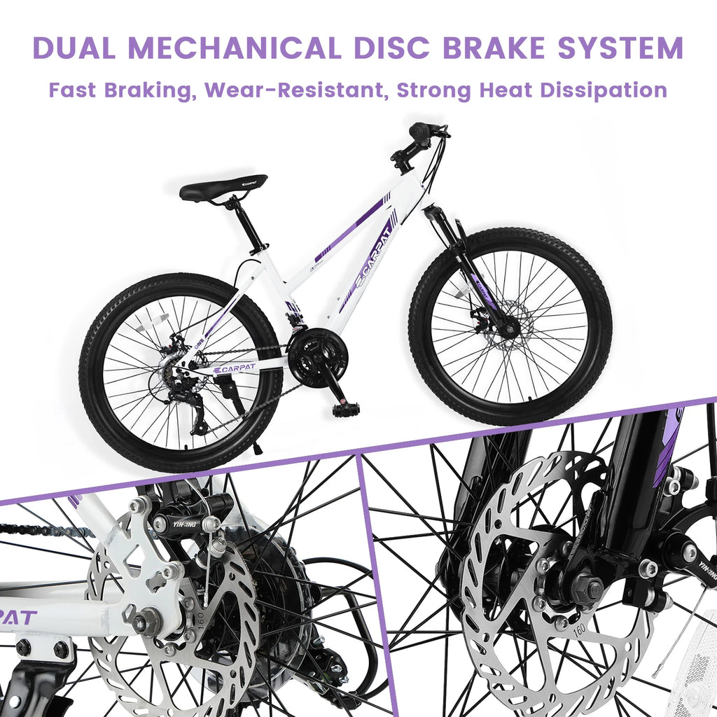 Mountain Bike 24 26 Inch Wheels, 21-Speed Disc Brake, Female Bicycles, 15" Steel Frame Front Fork Suspension