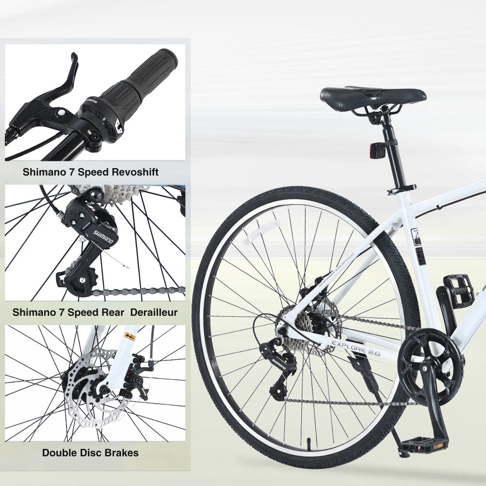 Shimano 7 Speed Hybrid Bike Aluminum Alloy Frame Double Disc Brakes 700C Road Bike For men women's City Bicycle