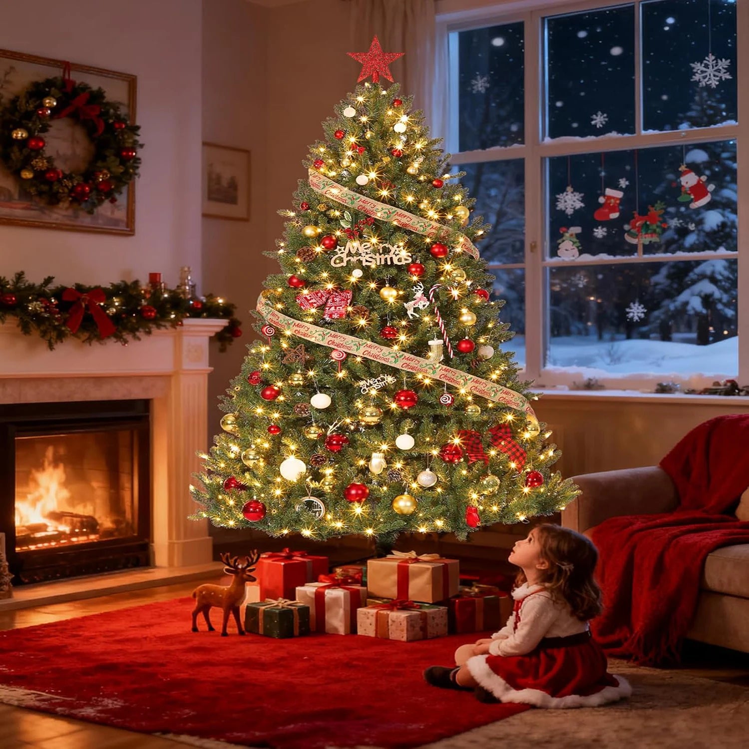 9FT Pre-Lit Artificial Christmas Tree, Fraser Fir, 4 Colors Led, 3380 Branch Tips, Xmas Tree for Home Office Decor