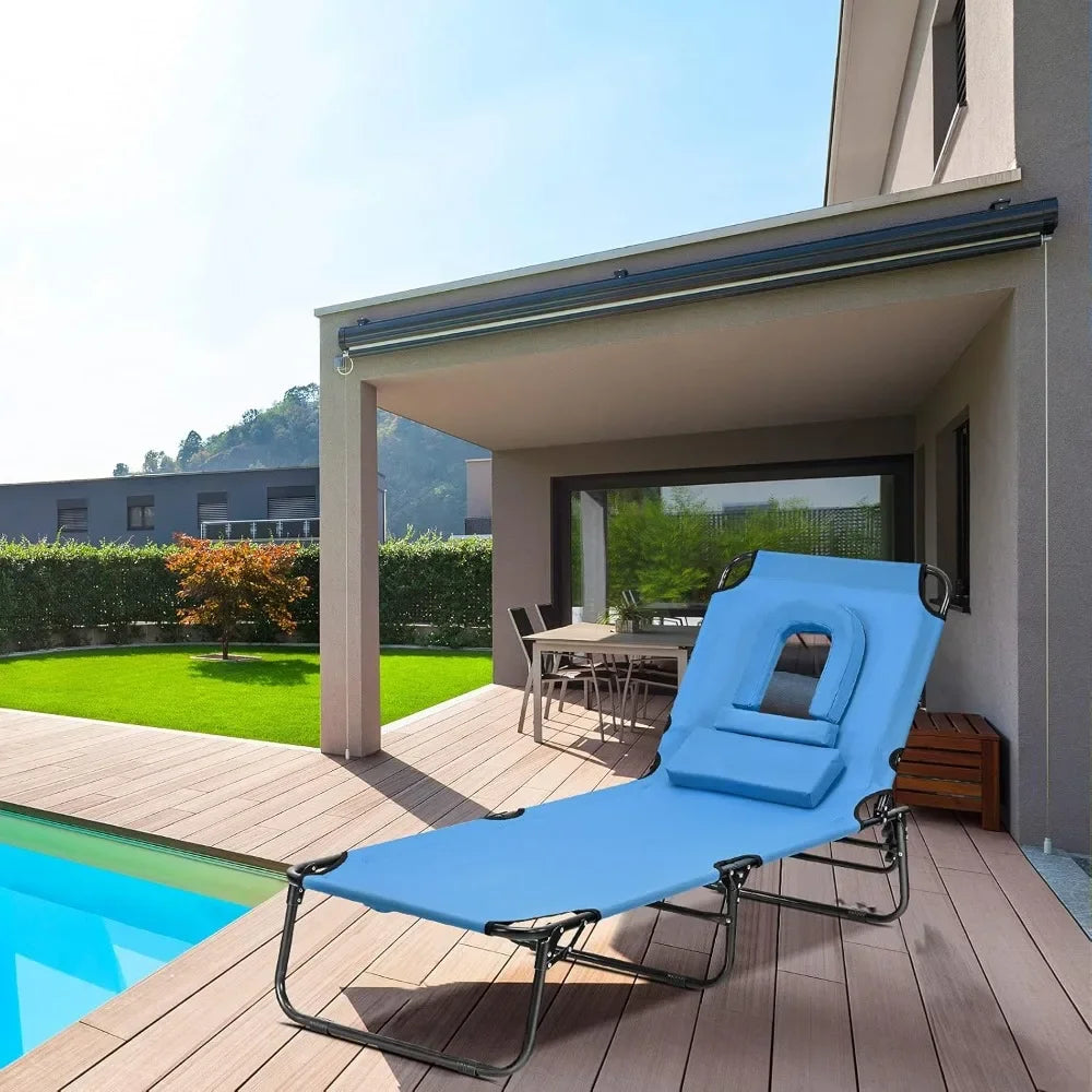 Outdoor Chaise Lounge Chair - Folding Beach Chair with 5 Adjustable Positions, Hole, Detachable Pillow, Hand Ropes