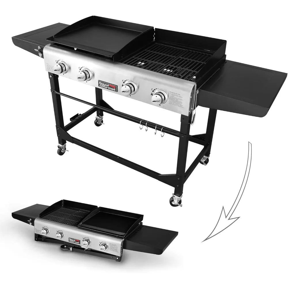 4-Burner Propane Gas Grill and Griddle Combo with Cover, Griddle Grill Combo with 48,000 BTUs Output for Outdoor Cooking