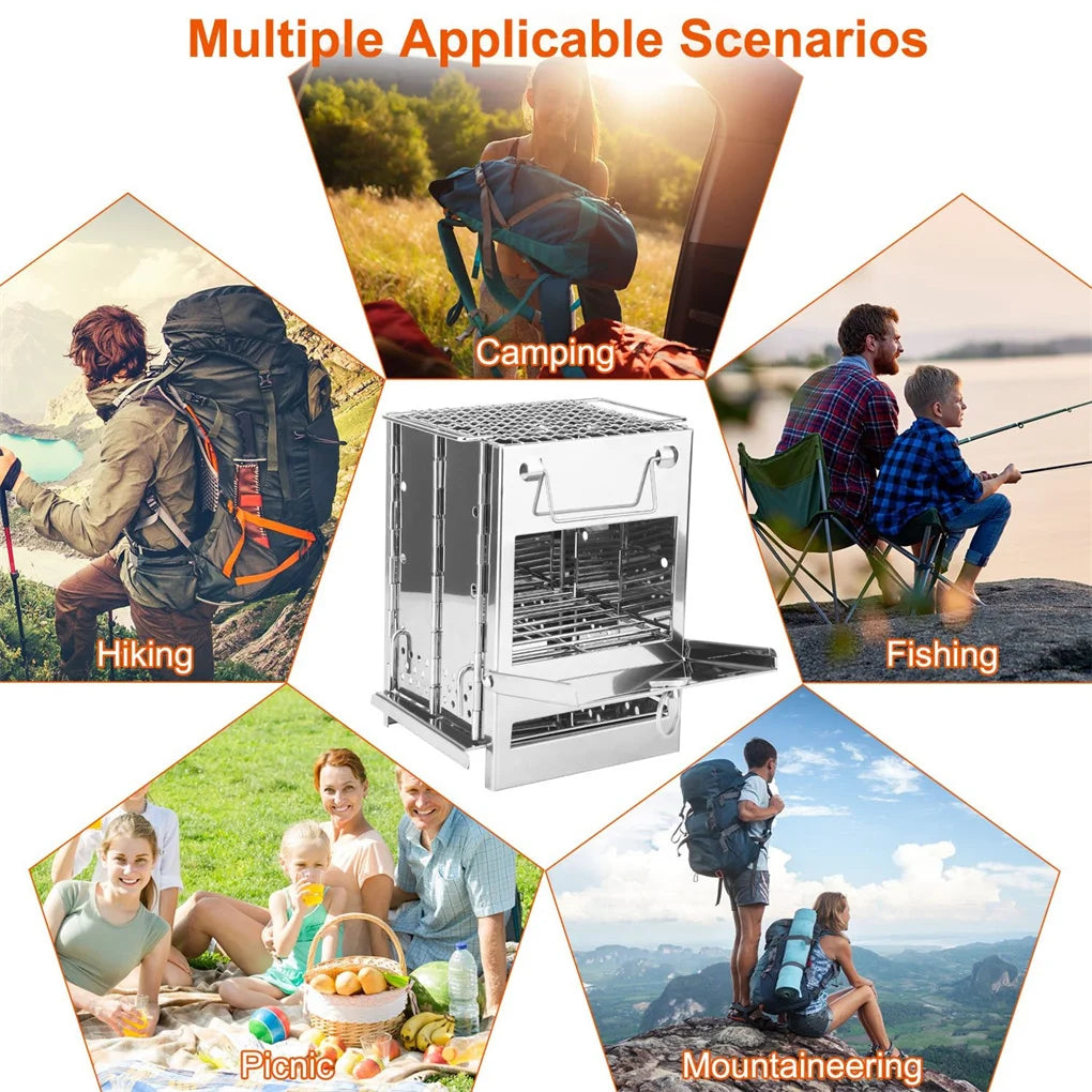 Foldable Camping Wood Burning Stove with Grill, Camp Stove Collapsible Backpacking Survival Stove Stainless Steel Campfire Stove