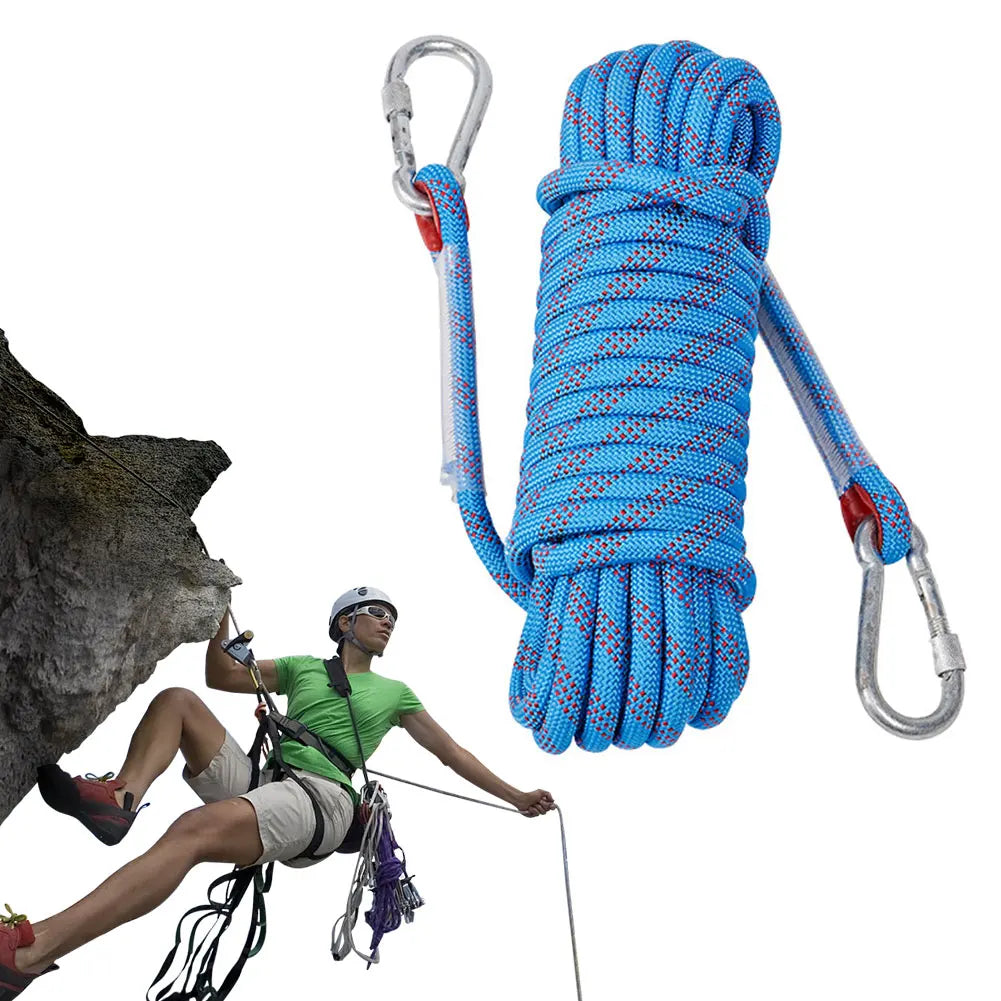10mm Rock Climbing Rope with 2 Hooks Outdoor Static Rapelling Rope 10m/20m/30m Mountaineering Rope for Fire Escape Car Rescue