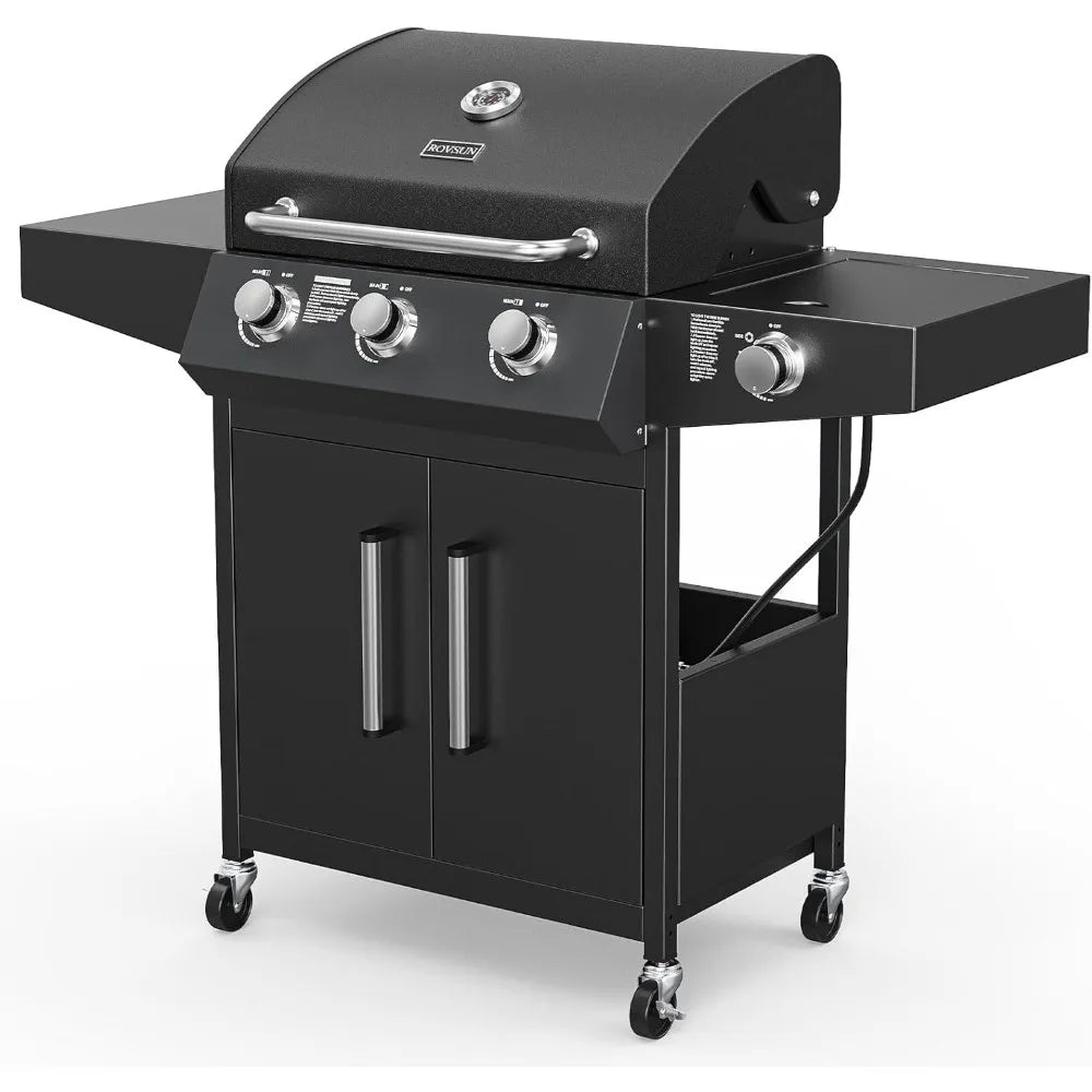 3-Burner Propane Gas BBQ Grill with Side Burner & Enameled Cast Iron Grates, 46,000 BTU Barbecue Grill with Wheels for Outdoor