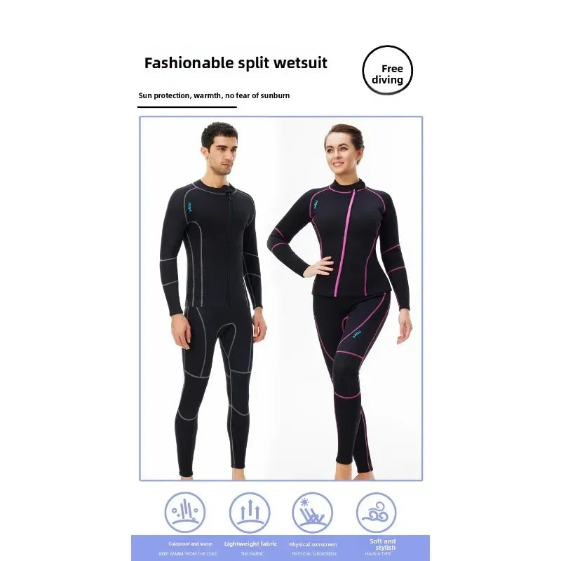 Separated 3mm Unisex Long Sleeve Neoprene Wetsuit for Cold Water Activities Like Diving Surfing & Water Aerobics With