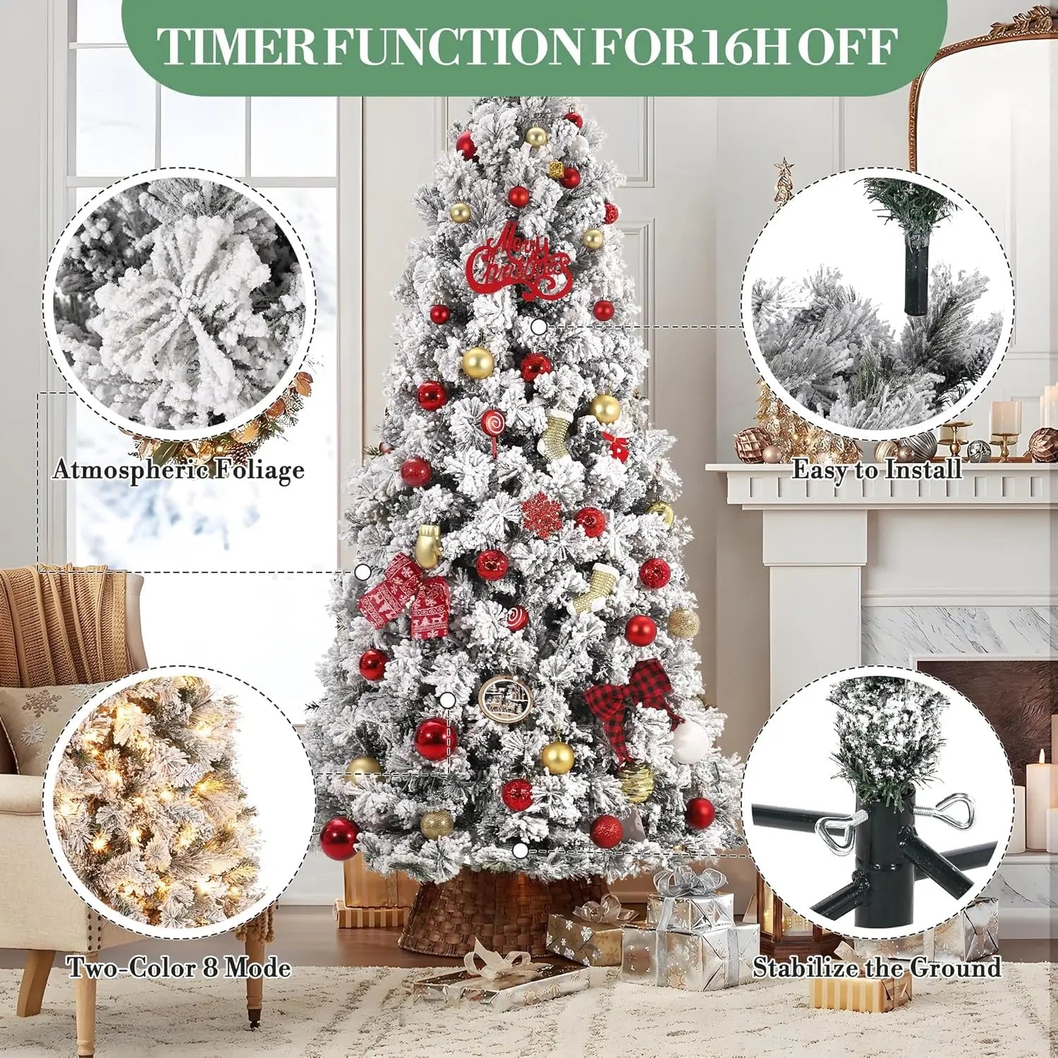 6/7.5 FT Christmas Tree with 200/300 Multicolor Led Lights, Prelit Snow Flocked Christmas Tree with Foldable Metal Base, 8 Light