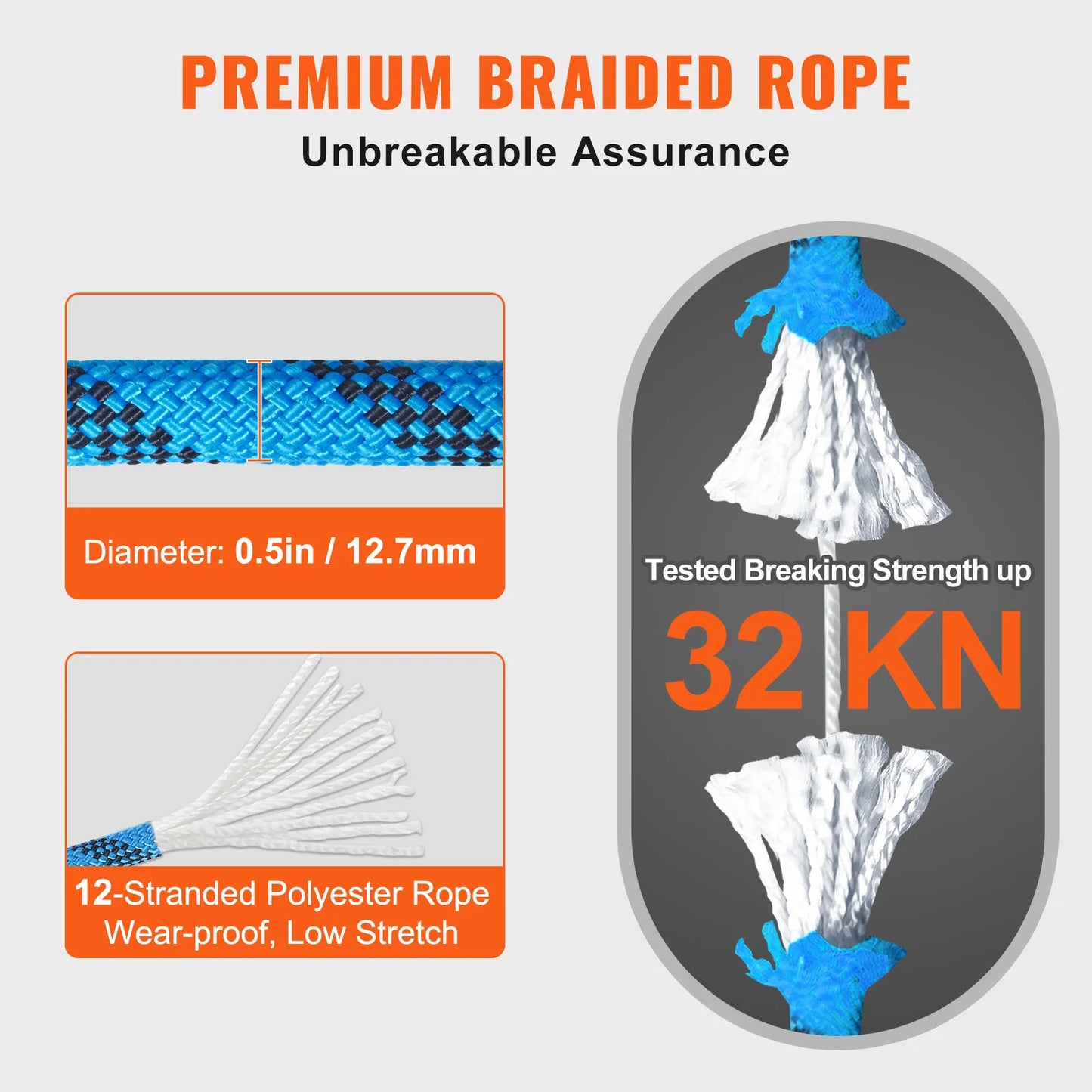12.7mm Static Climbing Rope 125/150/200ft Outdoor Rock Climbing Rope 30KN Breaking Tension Fiber Rope w/ Steel Snap Hooks