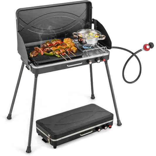 Portable Propane Grill & Camping Stove, 20,000 BTU Gas Camping Grill Burner, Independent Temperature Control, 3-Sided Wi