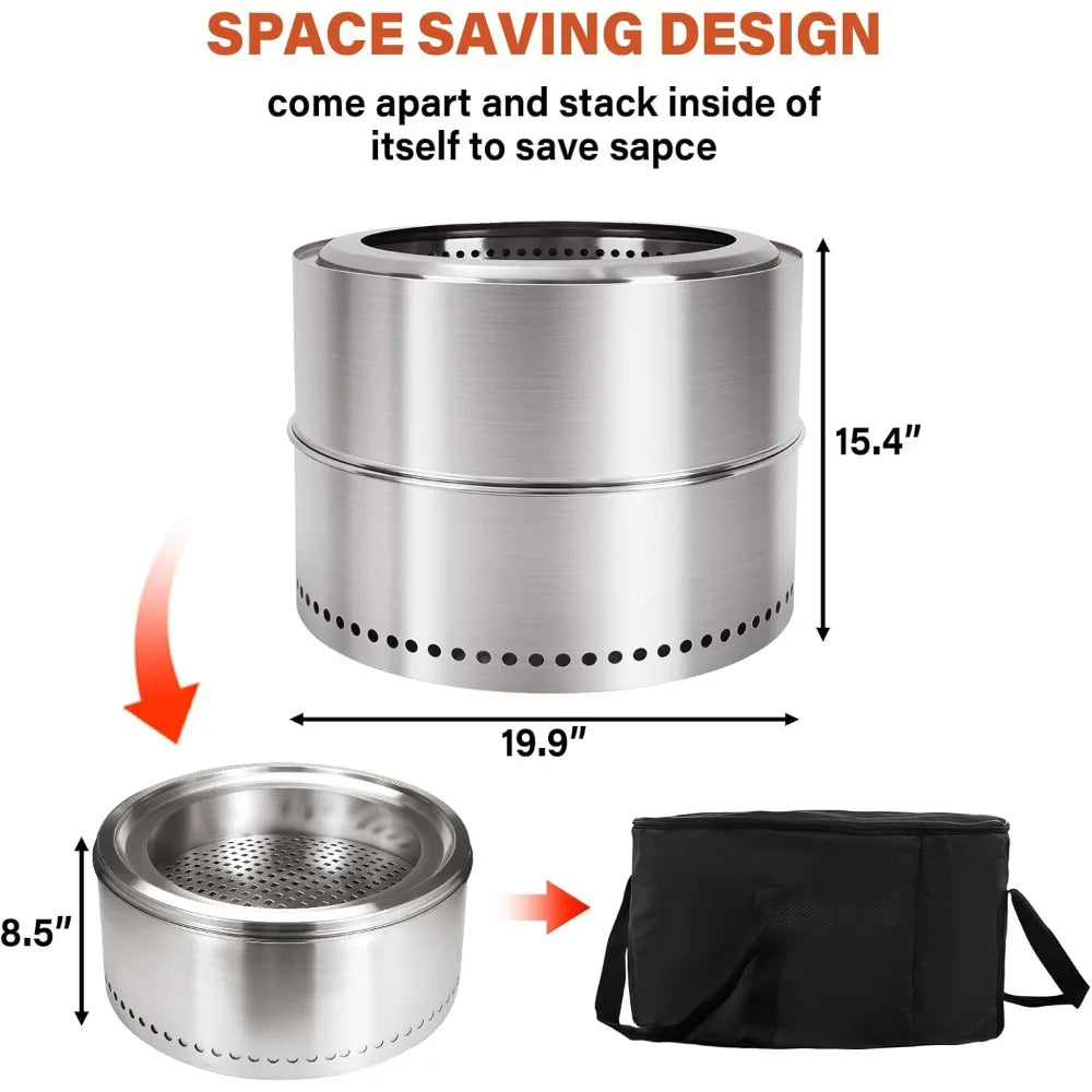 Portable Outdoor Smokeless Fire Pit, 20 Inch Diameter, Stainless Steel Wood Burning Campfire with Travel Bag, Ideal for Camping