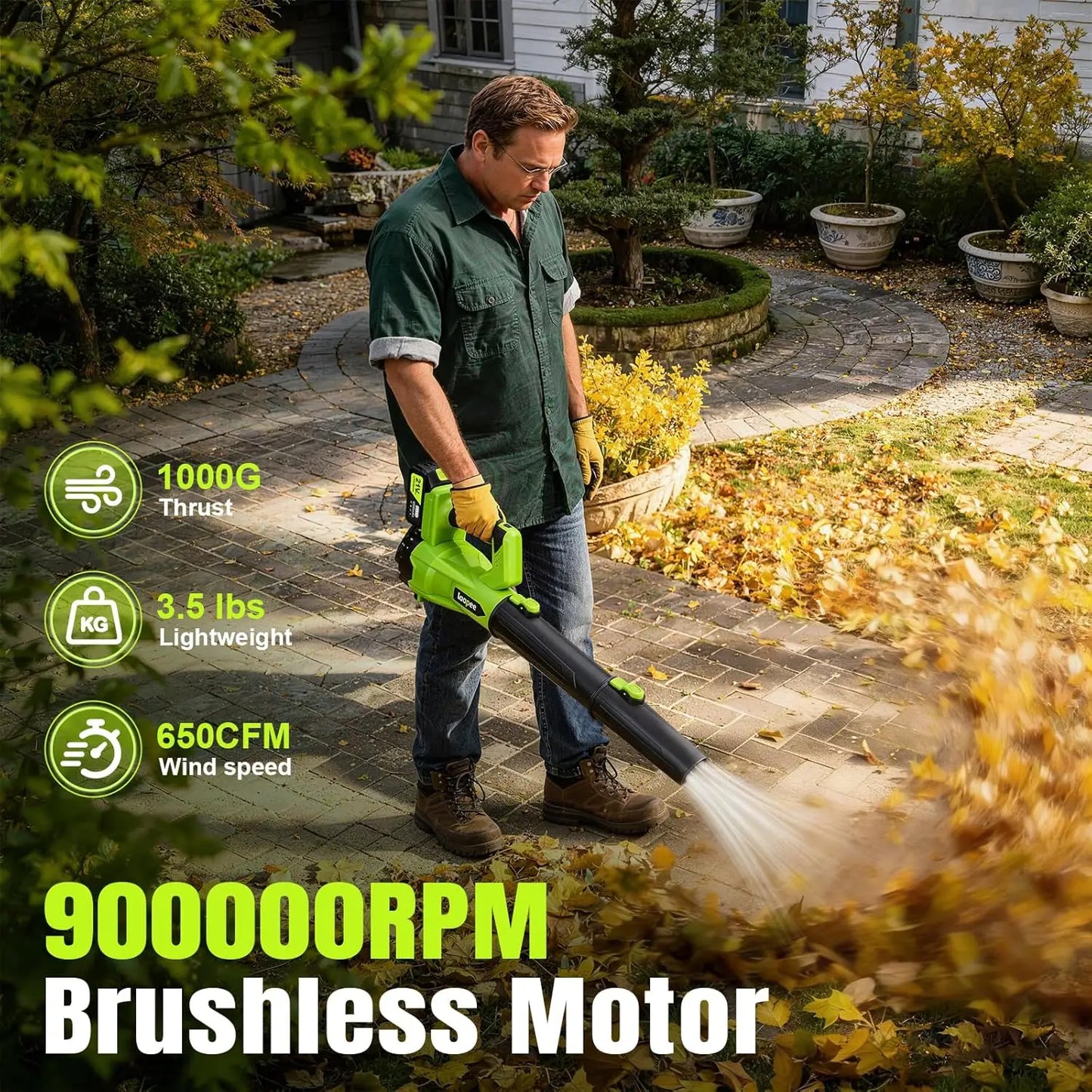 Cordless Electric Leaf Blower with 2 Batteries and Fast Charger, Lightweight for Lawn Care, Dust, Snow, 6 Speed Control