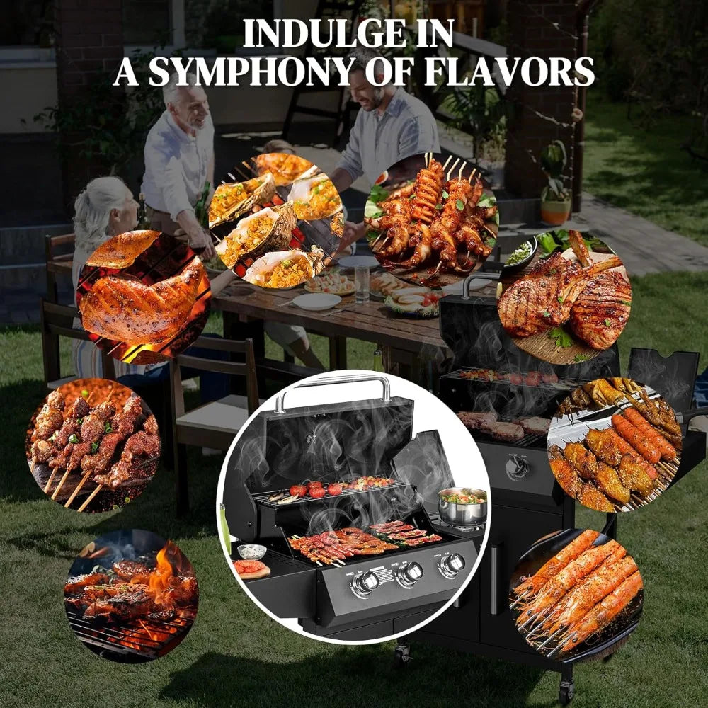 3-Burner Propane Gas BBQ Grill with Side Burner & Enameled Cast Iron Grates, 46,000 BTU Barbecue Grill with Wheels for Outdoor