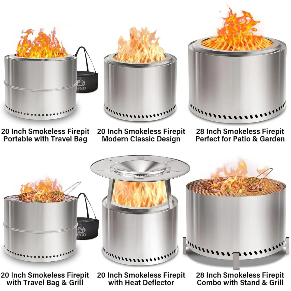 Portable Outdoor Smokeless Fire Pit, 20 Inch Diameter, Stainless Steel Wood Burning Campfire with Travel Bag, Ideal for Camping
