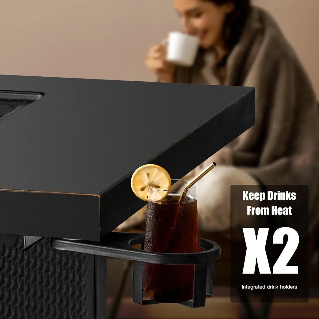 32 Inch Propane Fire Pit Table, Outdoor Gas Fire Pits with 2 Drink Holders, Lid & Lava Rock, 50000 BTU Firepit for Dinning