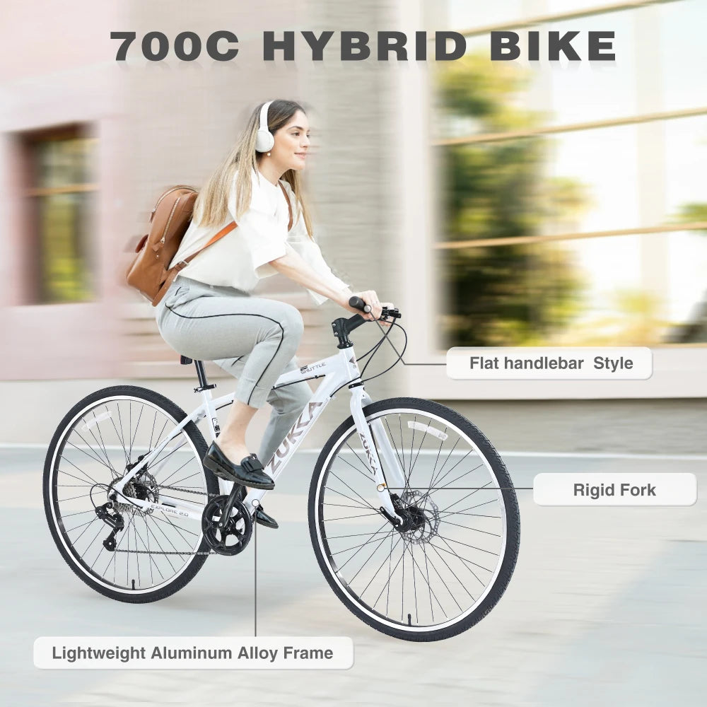 Shimano 7 Speed Hybrid Bike Aluminum Alloy Frame Double Disc Brakes 700C Road Bike For men women's City Bicycle