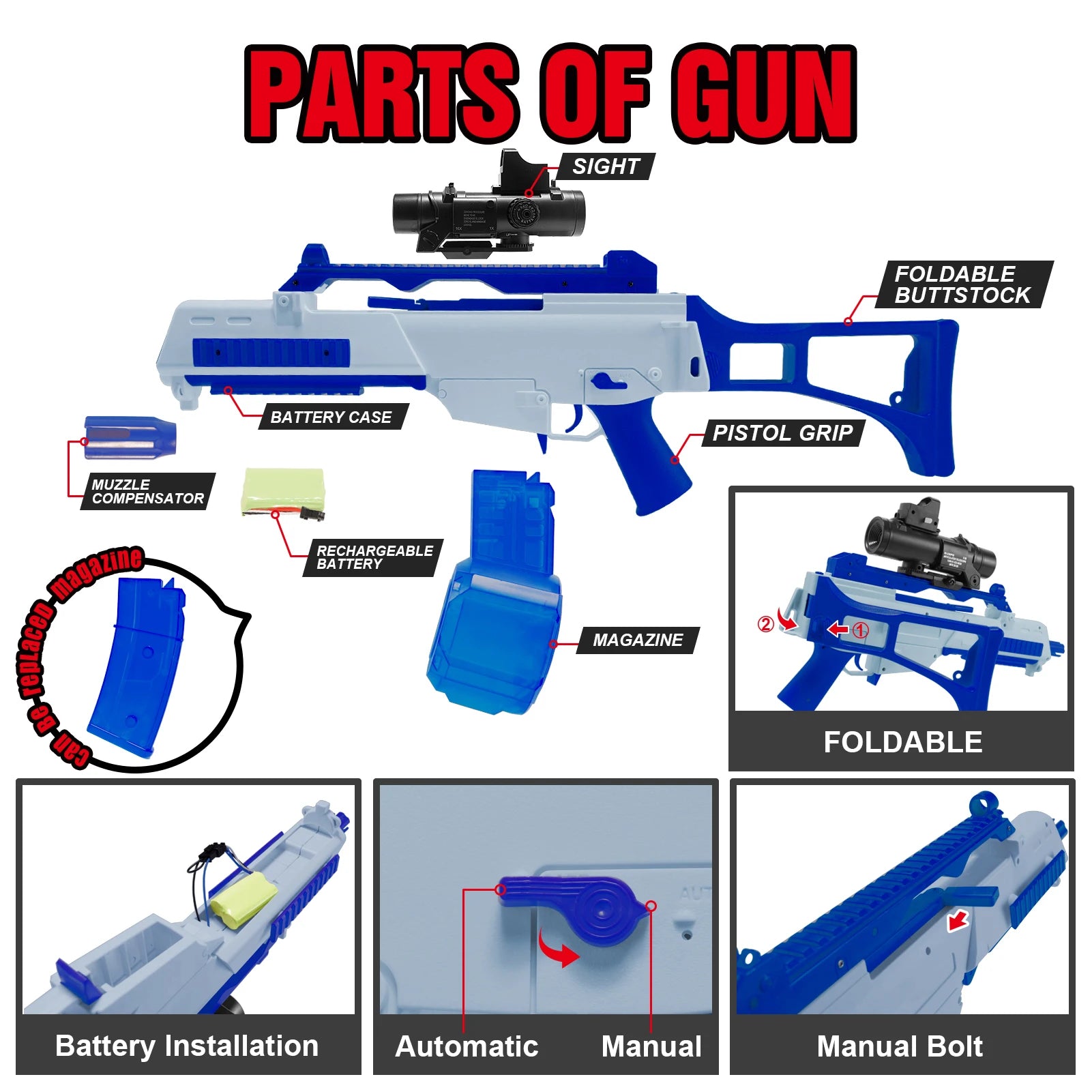 High Speed G36C Electric Gel Balls Blaster, Automatic & Manual Dual Shooting Modes Water Bullets Gun Toys, Holidays Gifts