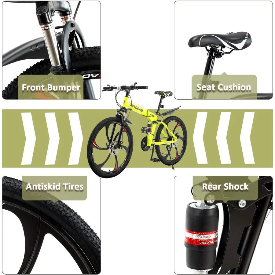 26 ich Folding Mountain Bike 21 Speed High Carbon Steel Mountain Bike for Adults with 26 Inches Durable Tires Front Suspension