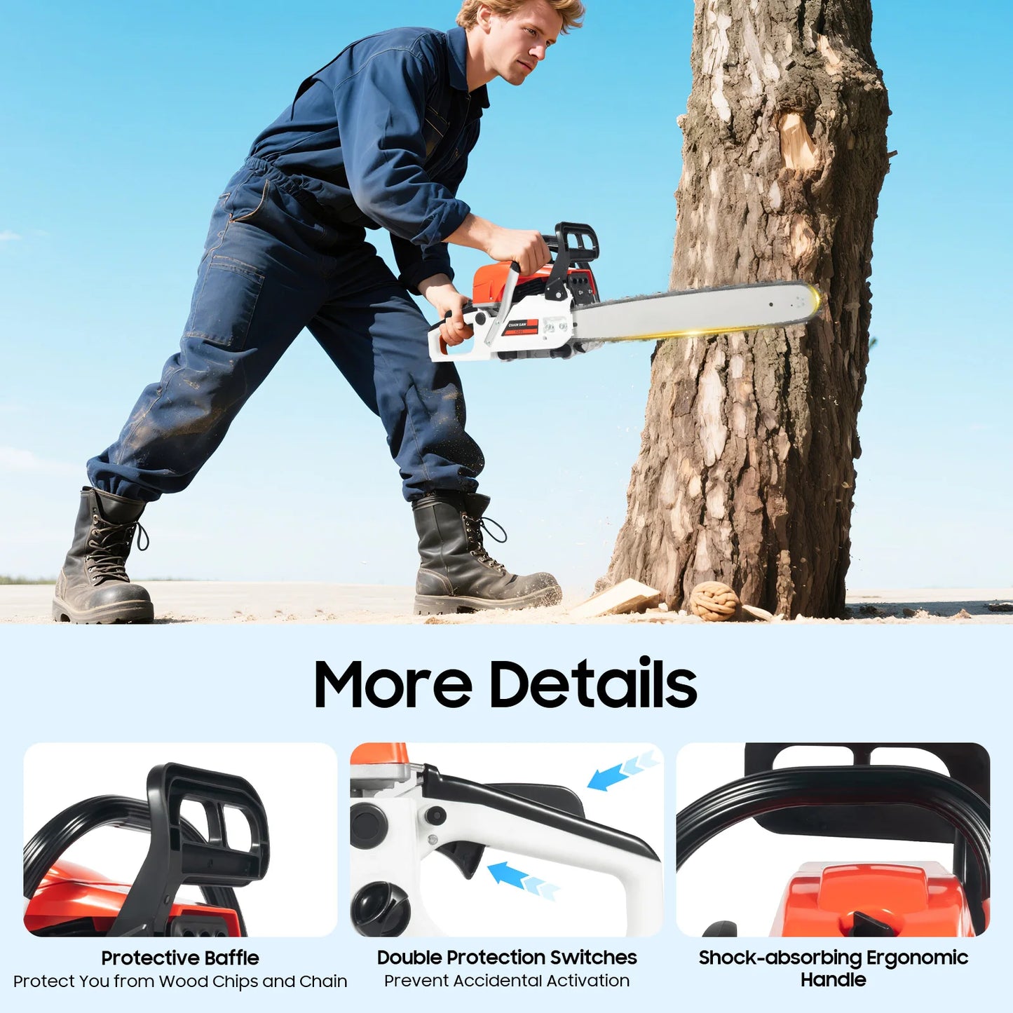 52CC 20 Inches Petrol Chainsaw 2-Stroke Engine Air-Cooled Chainsaw 7500 rpm Single Cylinder Gasoline Chainsaw