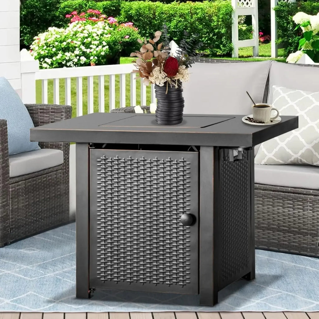 32 Inch Propane Fire Pit Table, Outdoor Gas Fire Pits with 2 Drink Holders, Lid & Lava Rock, 50000 BTU Firepit for Dinning