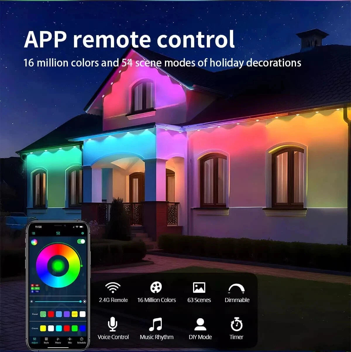 100FT 60LEDs Smart RGB Eaves LED Lights String Scene Modes Music Sync Timer IP67 Waterproof Home Christmas Halloween Decor Alexa