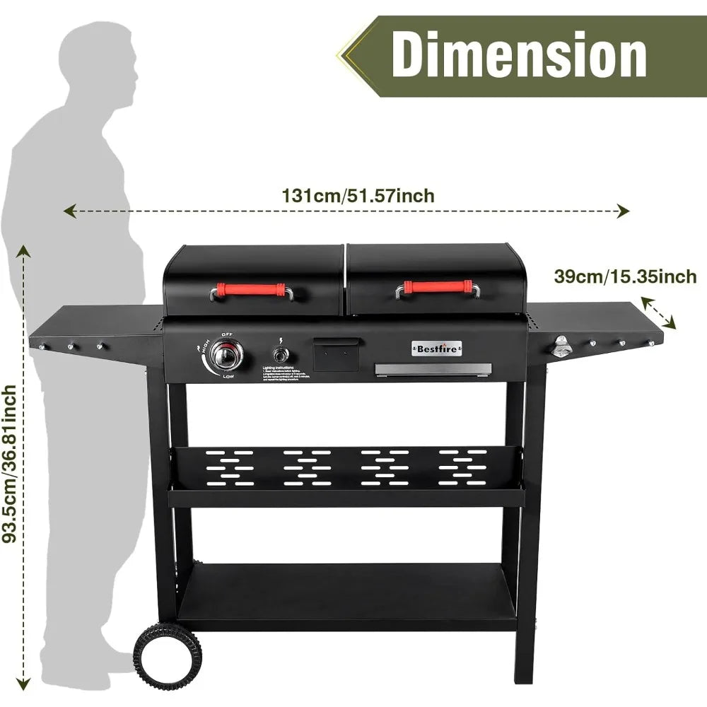 Outdoor Dual Fuel BBQ Grill with Flat Top Griddle and Charcoal Grill, Featuring Dual Lids and Side Shelves for Versatile Barbecue