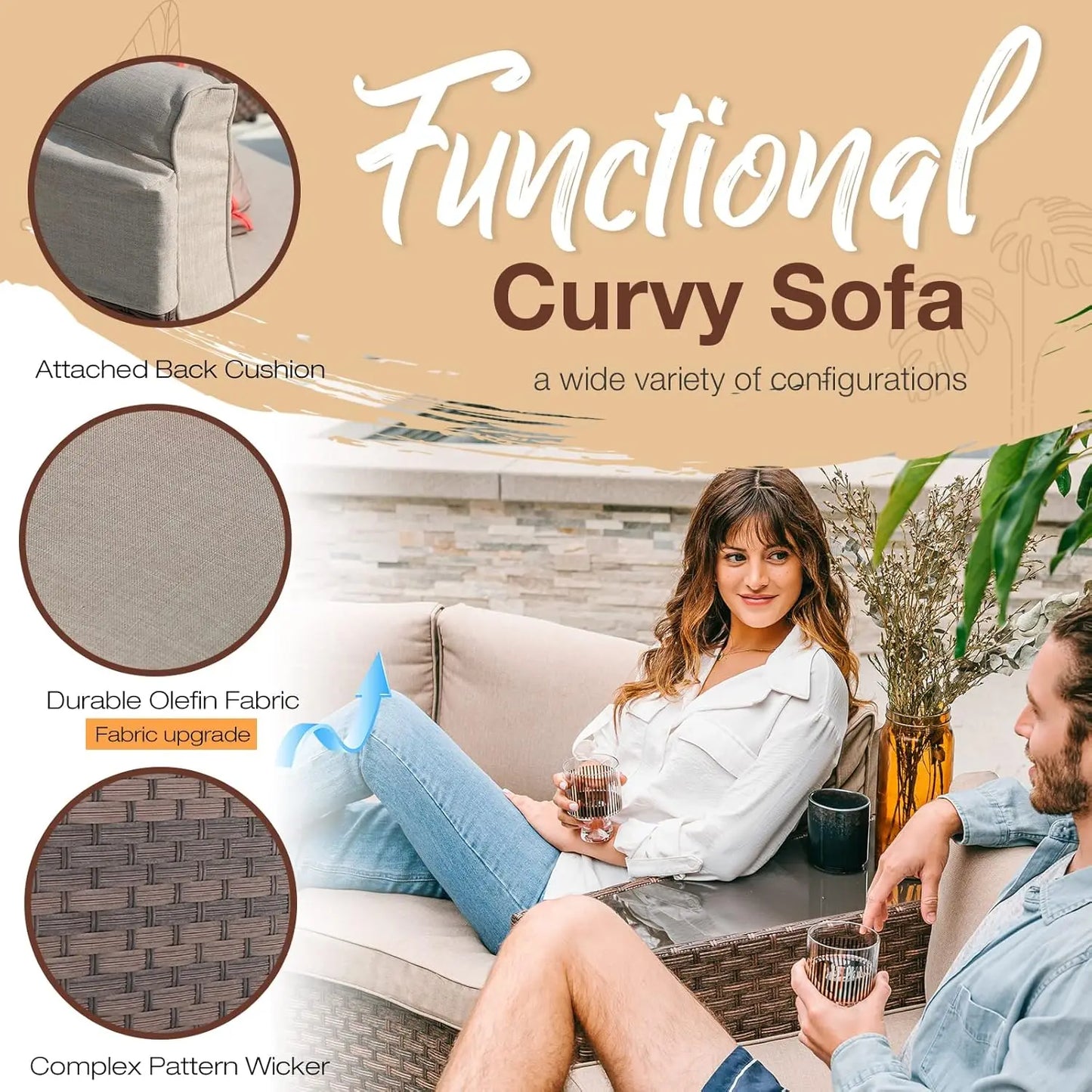 Outdoor Patio 8-Piece Half Moon Curved Furniture Sofa Set Brown Wicker Sectional Sofa Beige Cushions With 2 Side, Customized