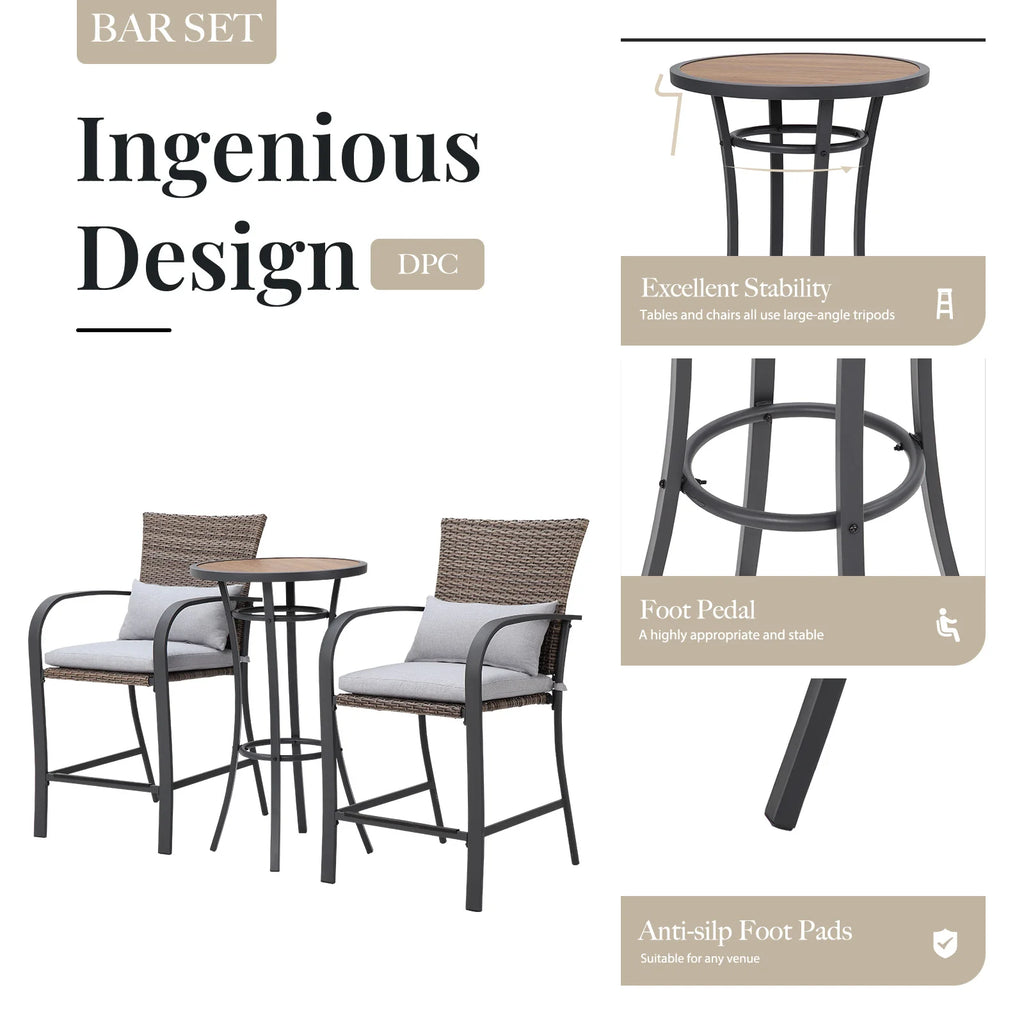 3pcs Patio Bar Set with Soft Cushion, Rattan Wicker Outdoor Furniture Set for Backyards, Lawn, Deck, Poolside