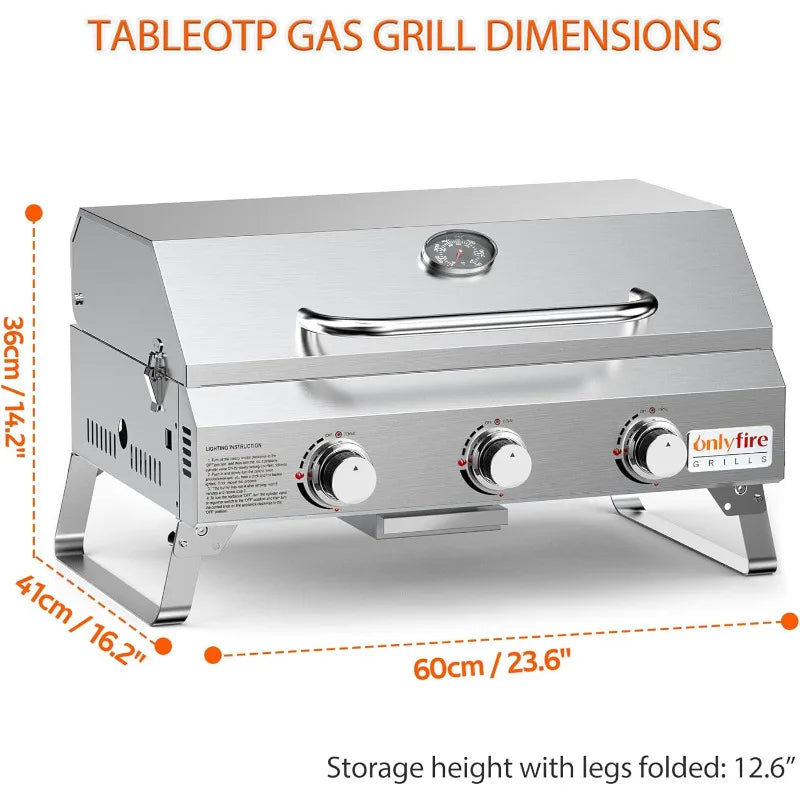 Gas Grill 3 Burners, Stainless Steel Portable Propane Grill with Foldable Legs for Outdoor Patio Backyard Camping, Tailgating