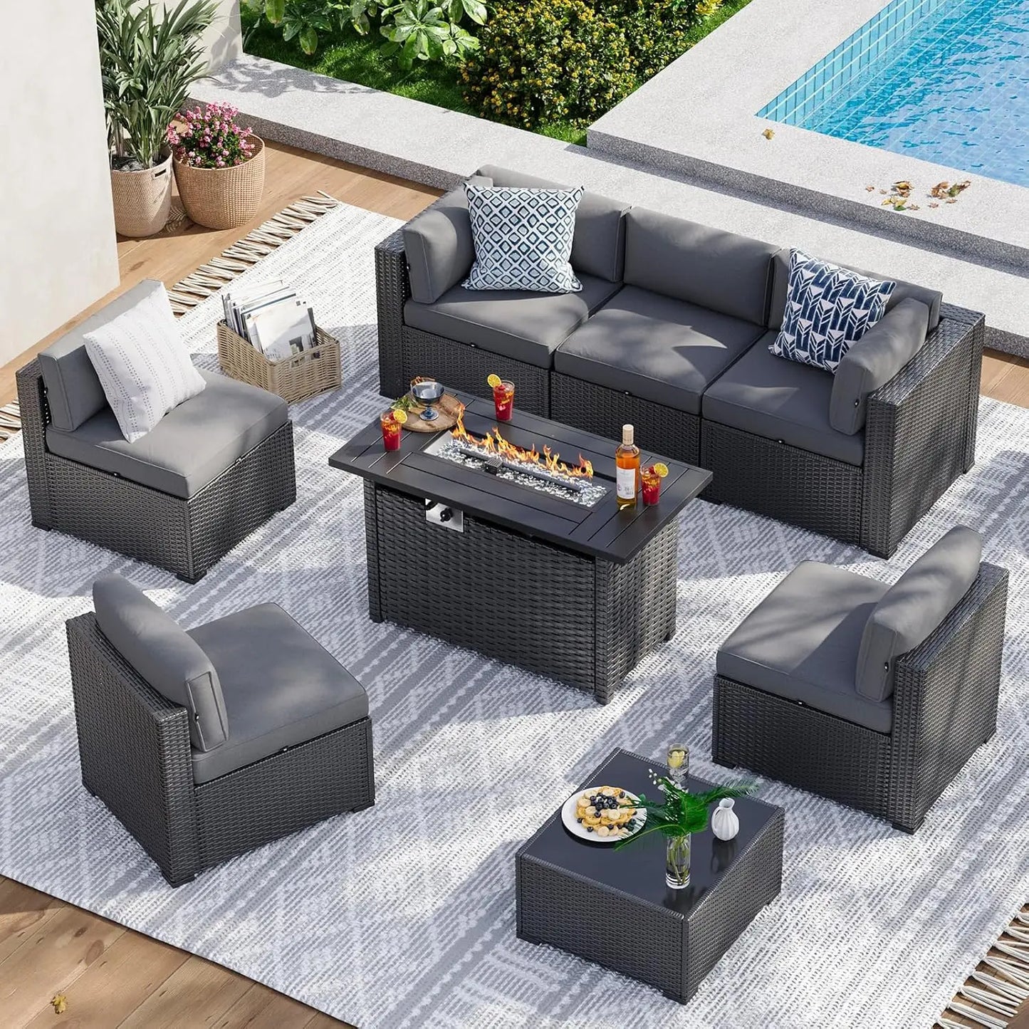 8 Piece Patio Furniture Set With 44” Fire Pit Table Wicker Rattan Patio Sectional Sofa Set Outdoor Seating, Customized
