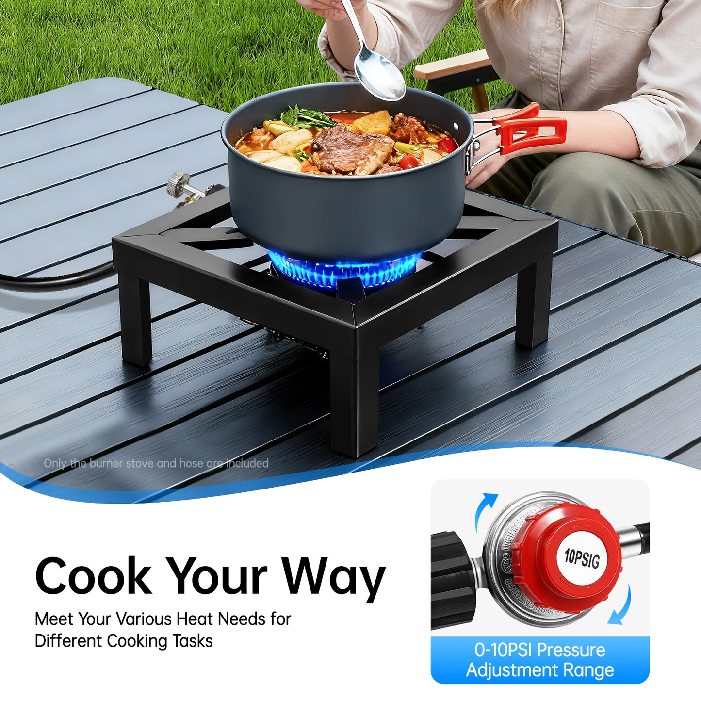 Portable Single Burner Outdoor Gas Stove Propane Cooker with Adjustable 0-10Psi Regulator Hose for Patio Camping, BBQ