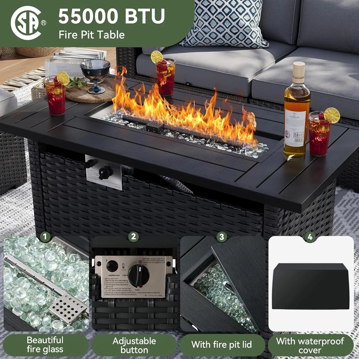 8 Piece Patio Furniture Set With 44” Fire Pit Table Wicker Rattan Patio Sectional Sofa Set Outdoor Seating, Customized