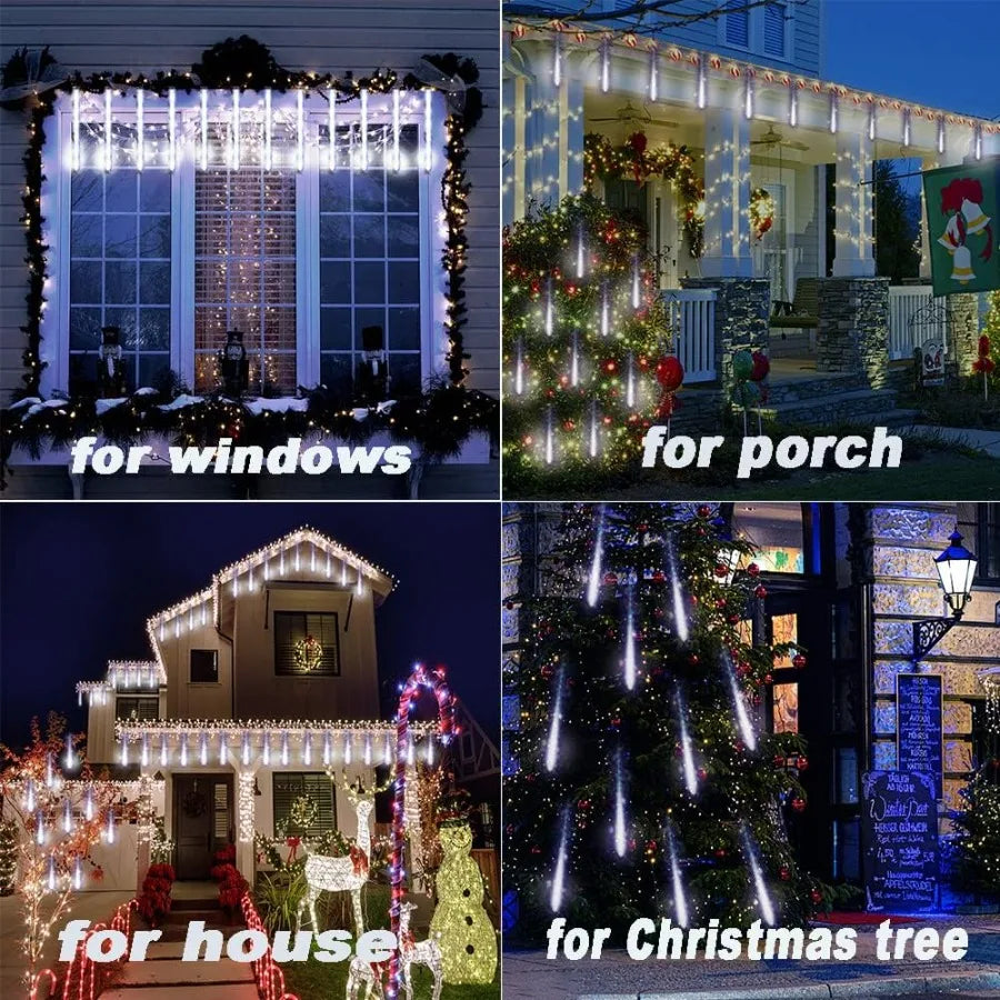 Christmas Lights Outdoor Meteor Shower Lights 12 inch 8 Tubes LED Snow Falling Icicle for Christmas Decoration Tree Garden Wedd