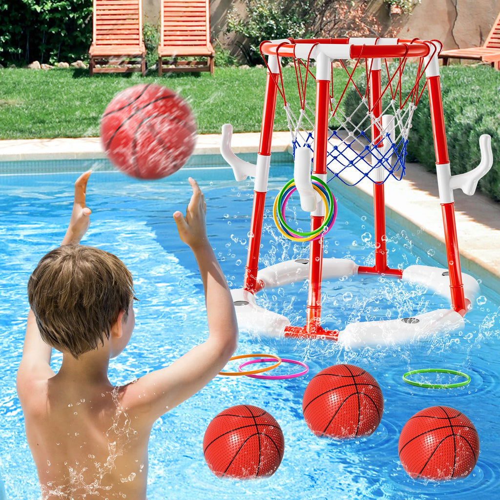 Summer Pool Basketball Hoop Toys, Floating Basketball Pool Game Swimming Floats Toys With 4 Balls Outdoor Indoor Water Play Toys